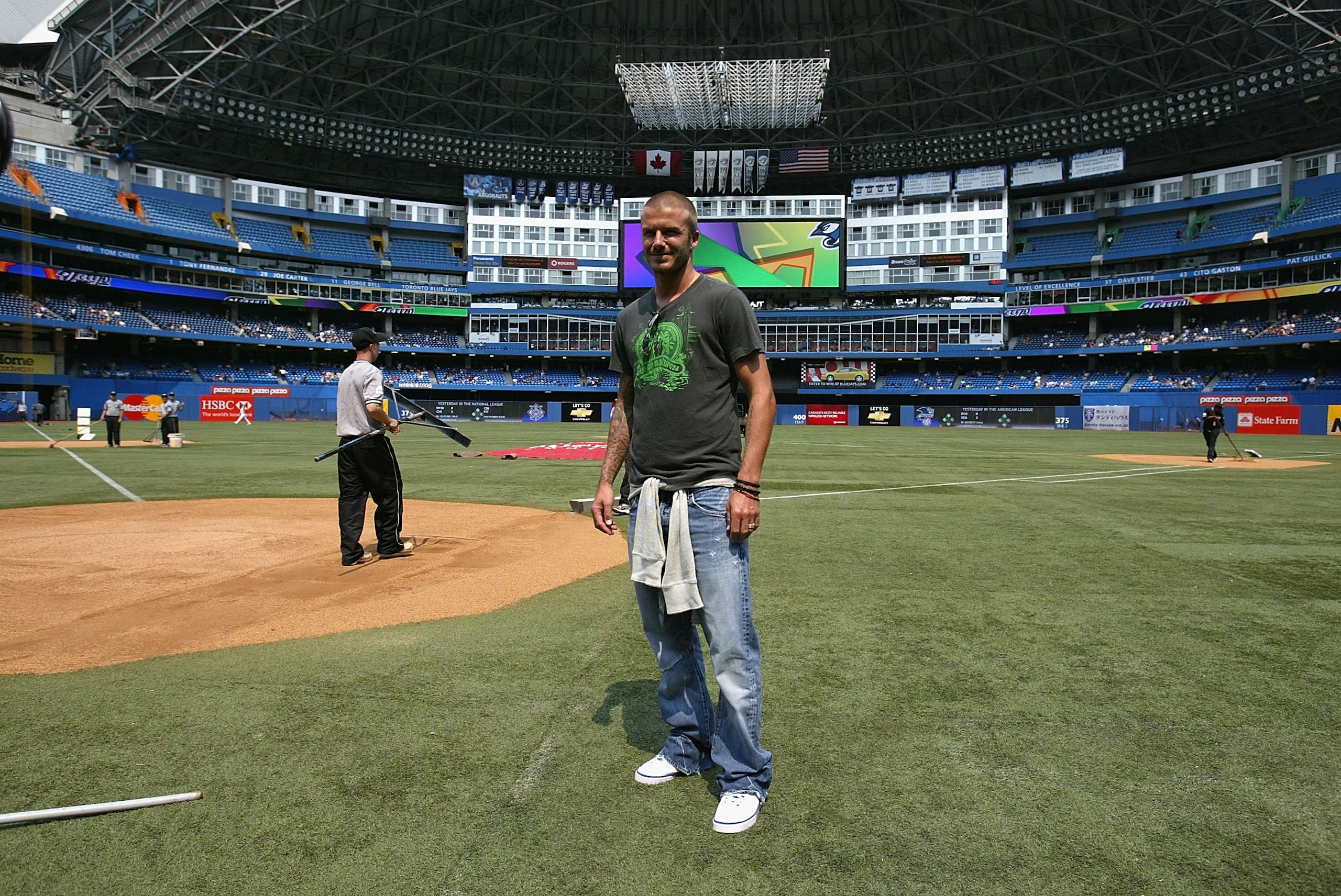 TORONTO - AUGUST 6:  David Beckham #23 of the Los Angeles Galaxy attends batting practice prior to the start of the Toronto Blue Jays game against the New York Yankees on August 6, 2007 at the Rogers Centre in Toronto, Ontario, Canada.  (Photo by Dave San