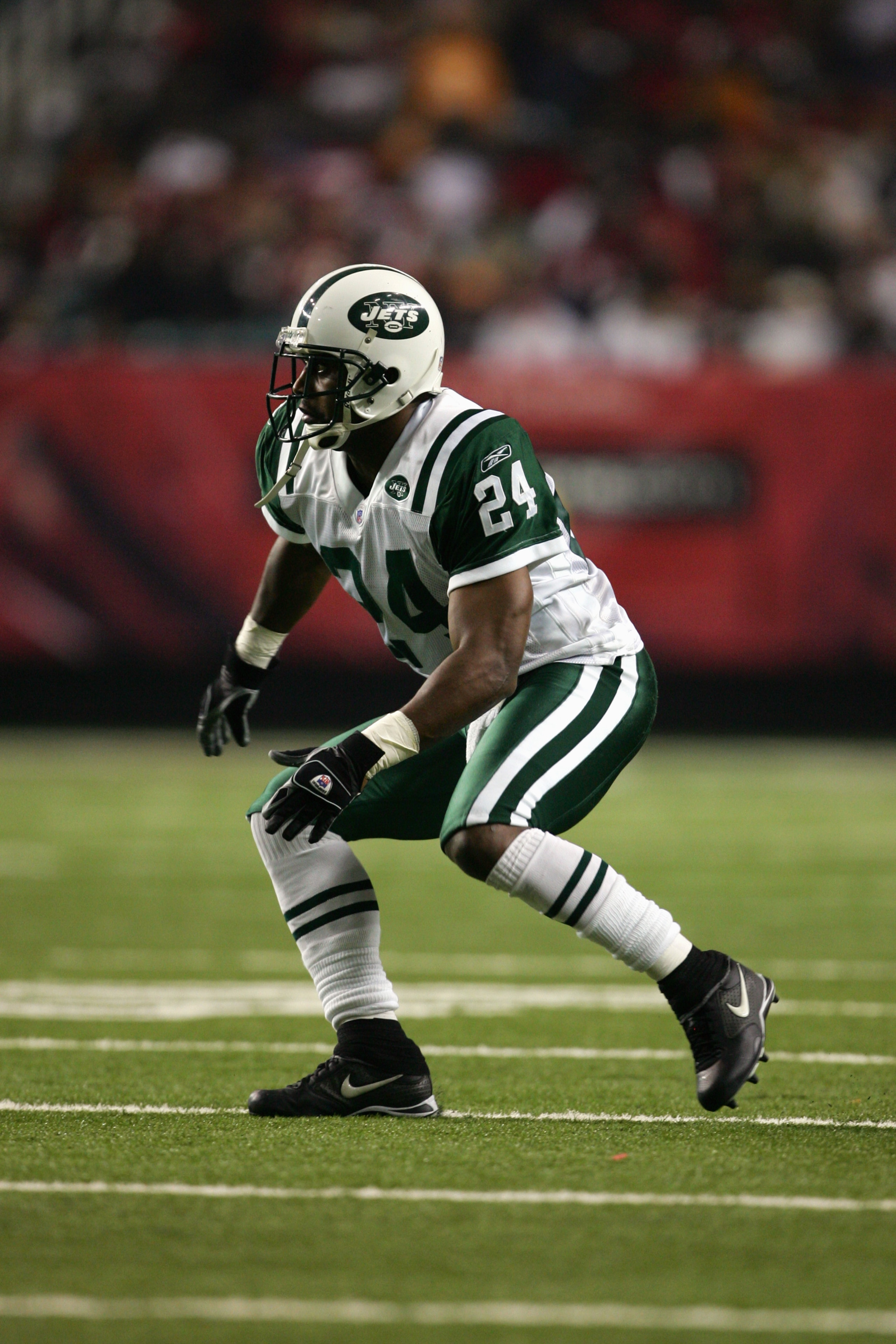 ATLANTA - OCTOBER 24:  Cornerback Ty Law #24 of the New York Jets runs on the field during a game against the Atlanta Falcons at the Georgia Dome on October 24, 2005 in Atlanta, Georgia.  The Falcons won 27-14.  (Photo by Streeter Lecka/Getty Images)
