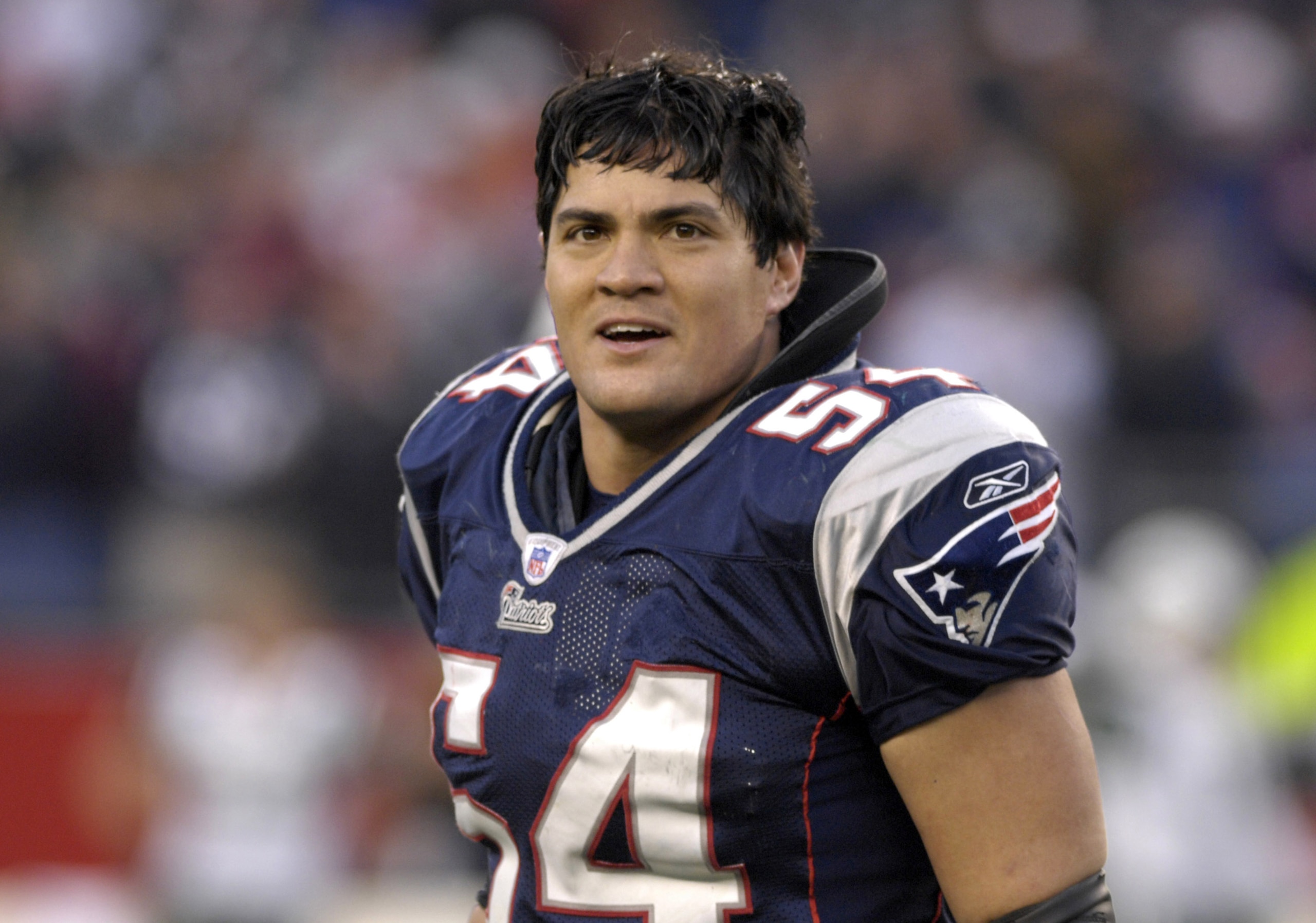 New England Patriots linebacker Tedy Bruschi  against the New York Jets  during an NFL wild card playoff game Jan. 7, 2007 in Foxborough.  The Pats won 37 - 16.  (Photo by Al Messerschmidt/Getty Images)