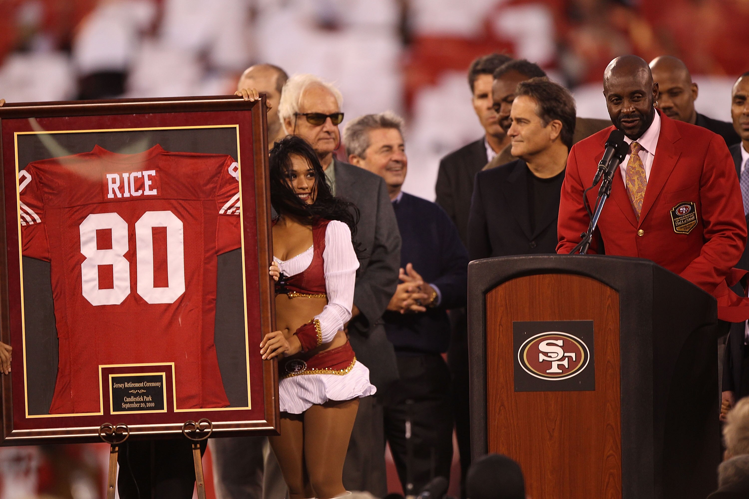 SAN FRANCISCO - SEPTEMBER 20:  Former member of the San Francisco 49ers Jerry Rice has his number retired at halftime against the New Orleans Saints during an NFL game at Candlestick Park on September 20, 2010 in San Francisco, California.  (Photo by Jed
