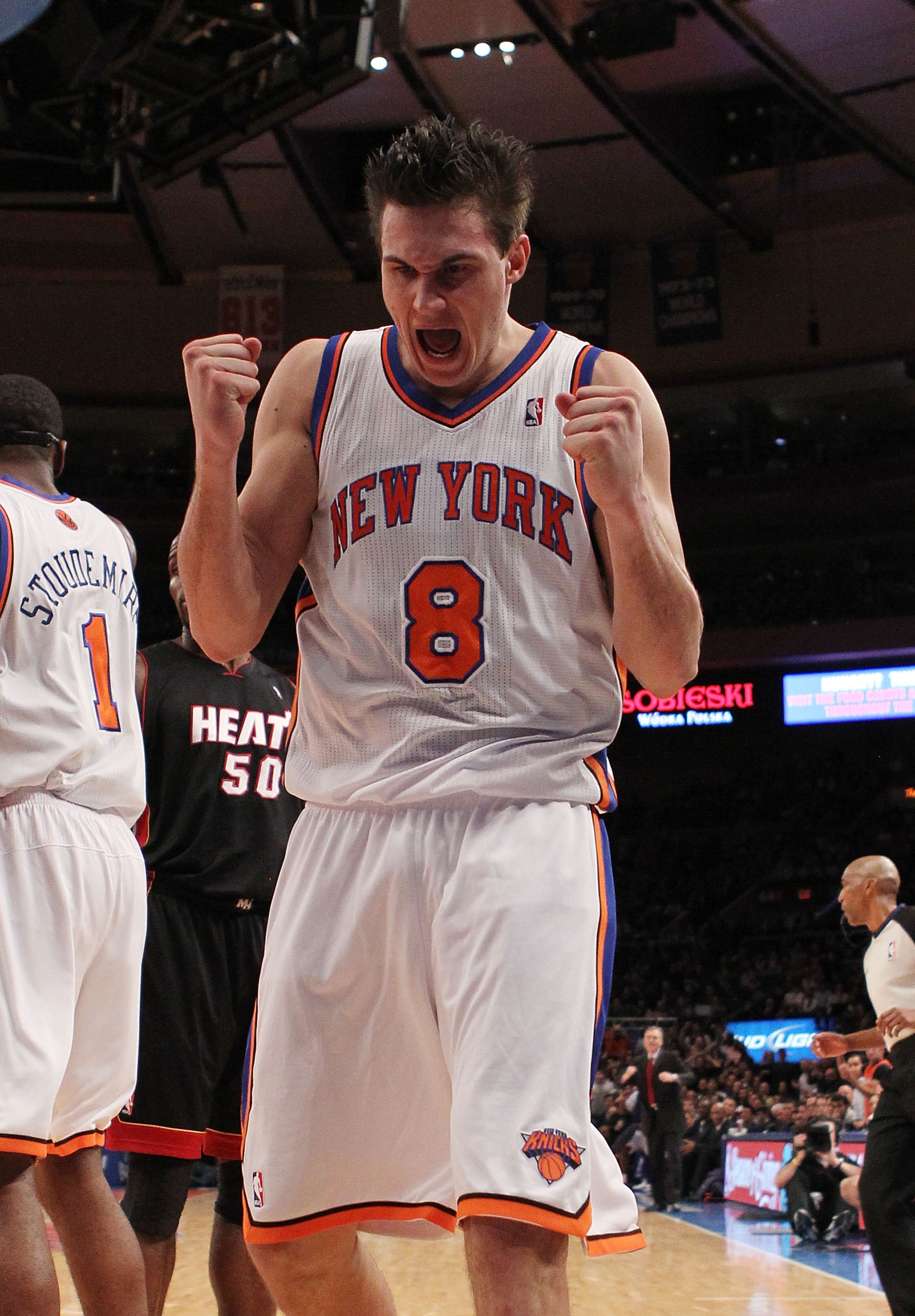 NEW YORK, NY - DECEMBER 17: Danilo Gallinari #8 of the New York Knicks celebrates knocking the ball out of the hands of LeBron James #6 of the Miami Heat at Madison Square Garden on December 17, 2010 in New York City. NOTE TO USER: User expressly acknowl NEW YORK, NY - DECEMBER 17: Danilo Gallinari #8 of the New York Knicks celebrates knocking the ball out of the hands of LeBron James #6 of the Miami Heat at Madison Square Garden on December 17, 2010 in New York City. NOTE TO USER: User expressly acknowl