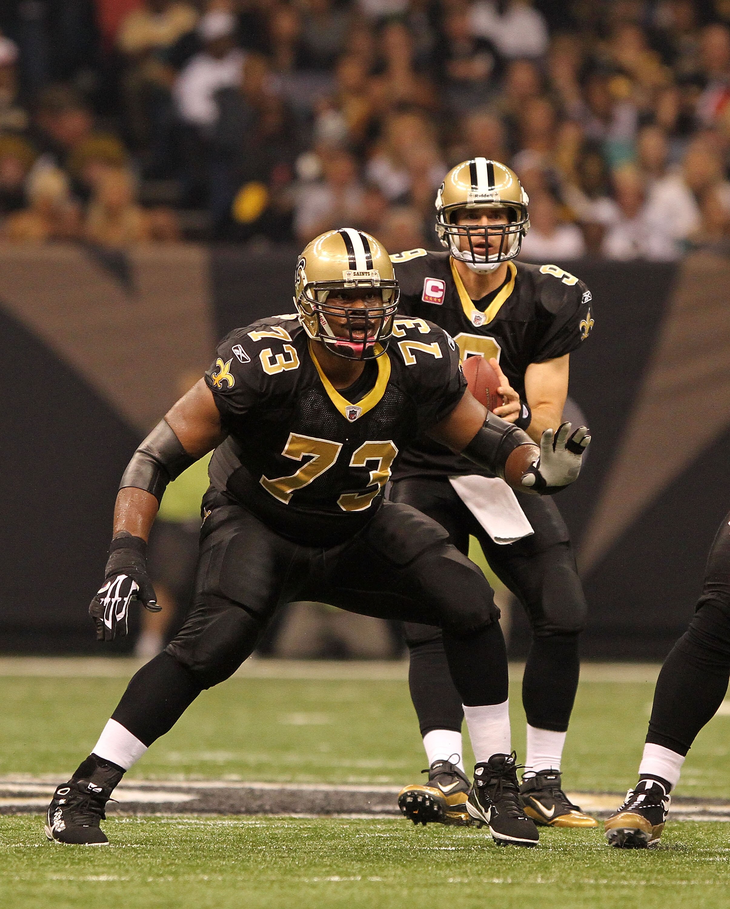 NEW ORLEANS, LA - OCTOBER 31: Jahri Evans #73 of the New Orleans Saints in action during the game against the Pittsburgh Steelers at the Louisiana Superdome on October 31, 2010 in New Orleans, Louisiana. (Photo by Matthew Sharpe/Getty Images)