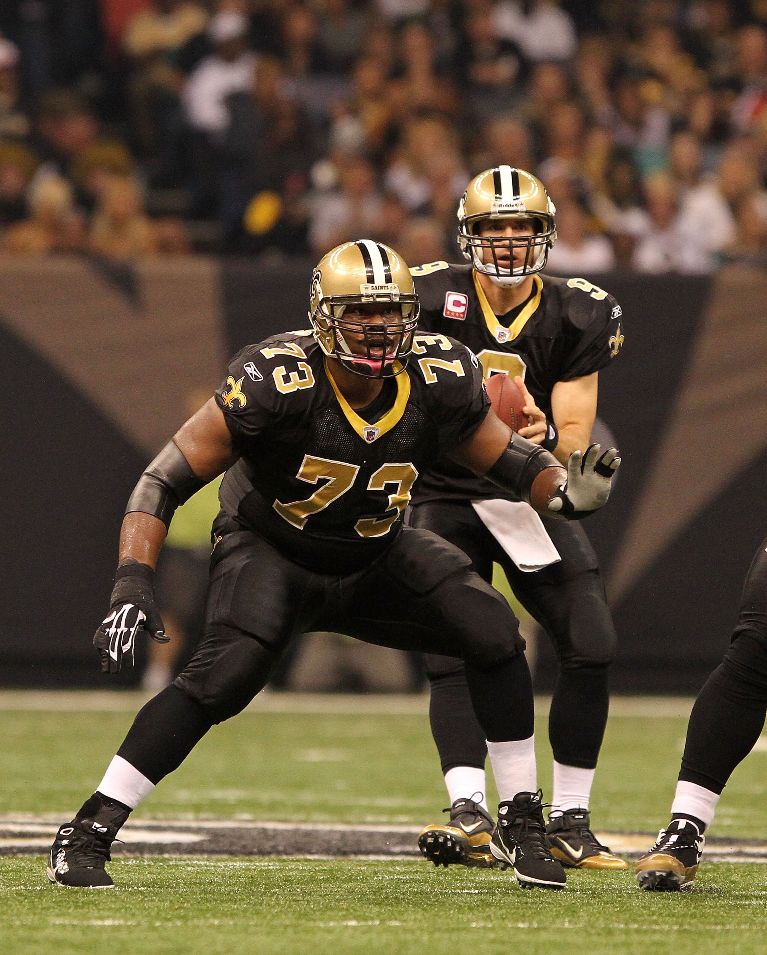 NEW ORLEANS, LA - OCTOBER 31: Jahri Evans #73 of the New Orleans Saints in action during the game against the Pittsburgh Steelers at the Louisiana Superdome on October 31, 2010 in New Orleans, Louisiana. (Photo by Matthew Sharpe/Getty Images)
