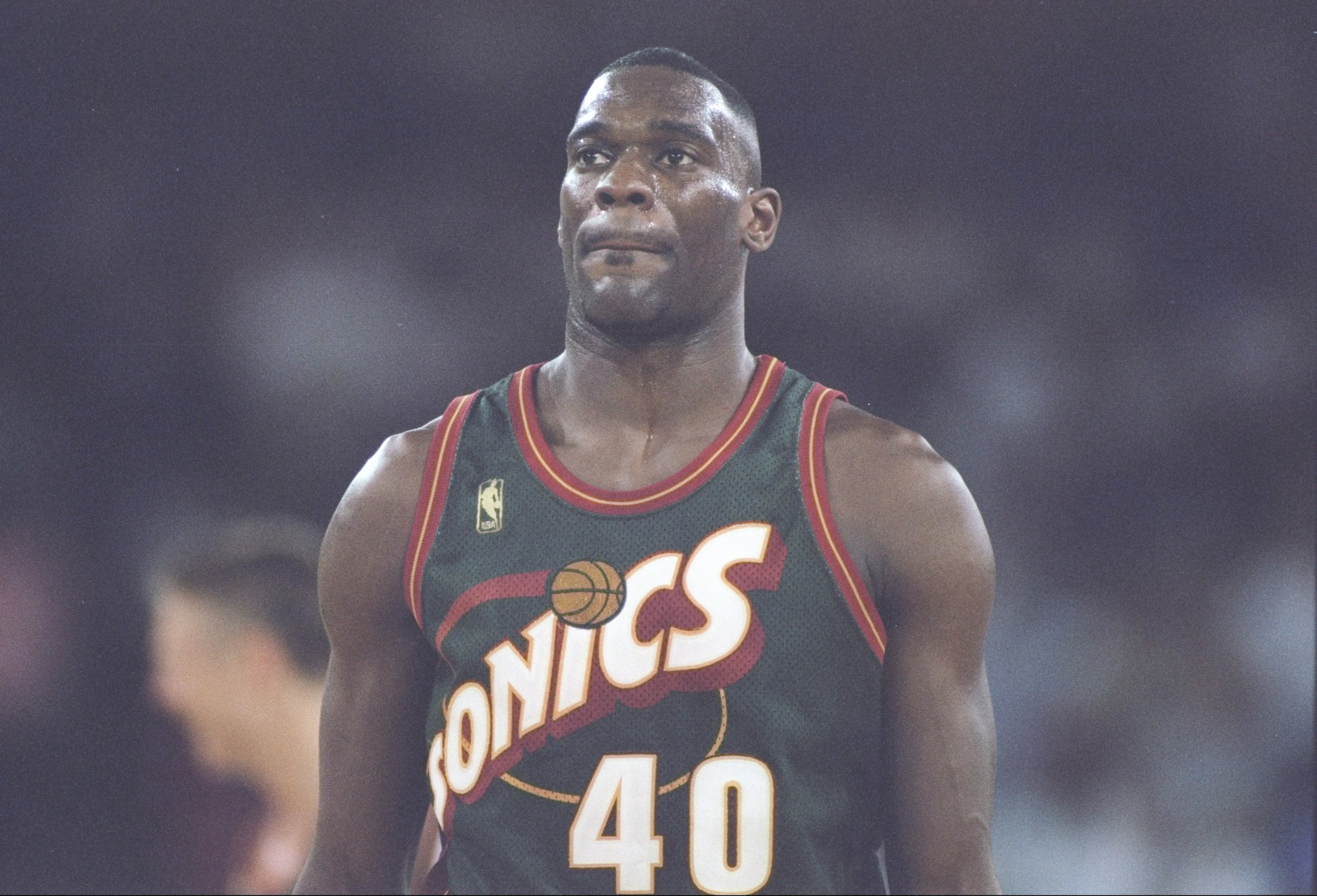 17 Apr 1997:  Forward Shawn Kemp of the Seattle Supersonics stands on the court during a game against the Denver Nuggets at the McNichols Arena in Denver, Colorado.  The Supersonics won the game 108-104.  Mandatory Credit: Brian Bahr  /Allsport