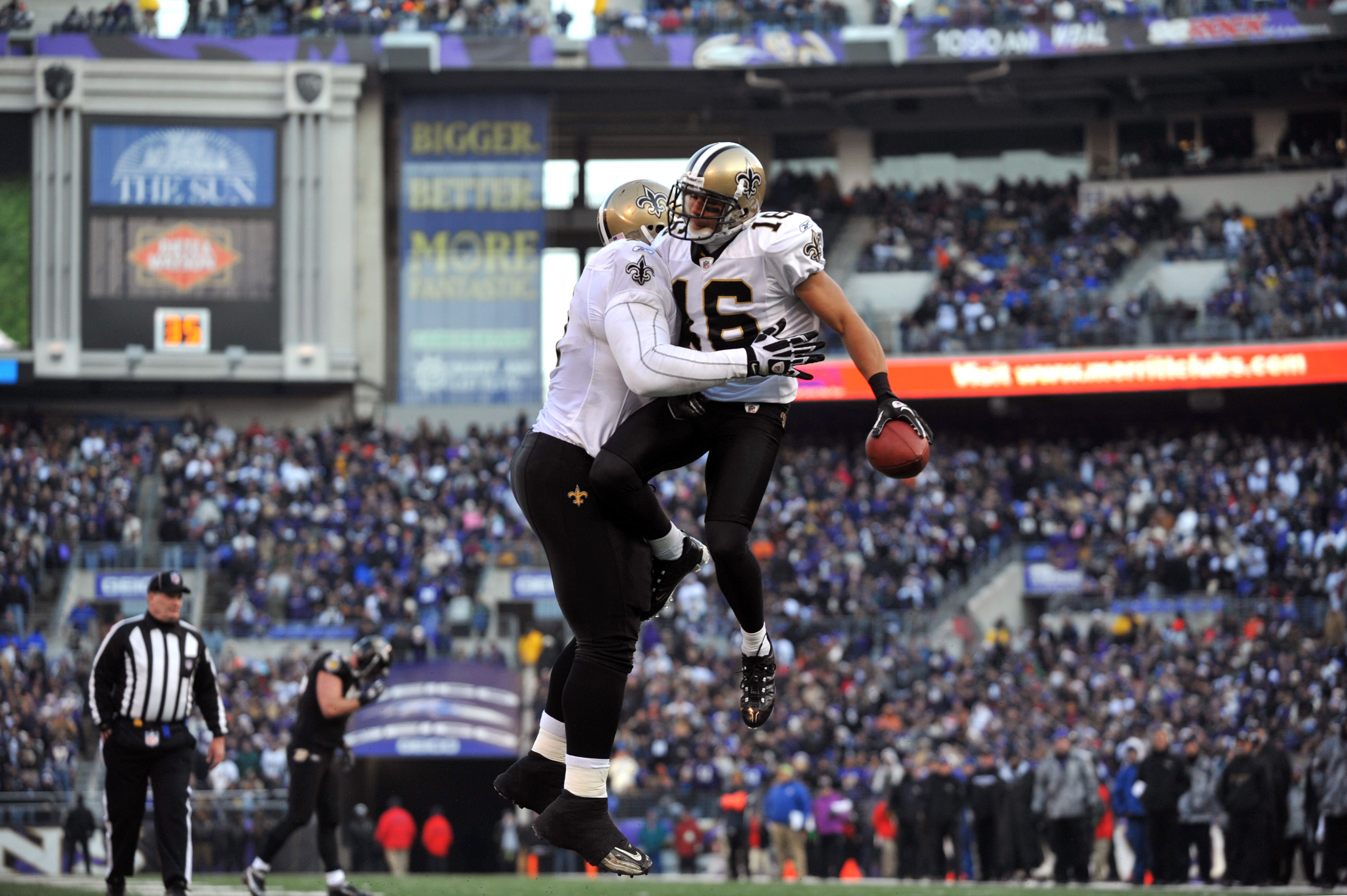 BALTIMORE, MD - DECEMBER 19:  Lance Moore #16 of the New Orleans Saints celebrates a 4th quarter touchdown during the game against the Baltimore Ravens  at M&T Bank Stadium on December 19, 2010 in Baltimore, Maryland. The Ravens defeated the Saints 30-24.