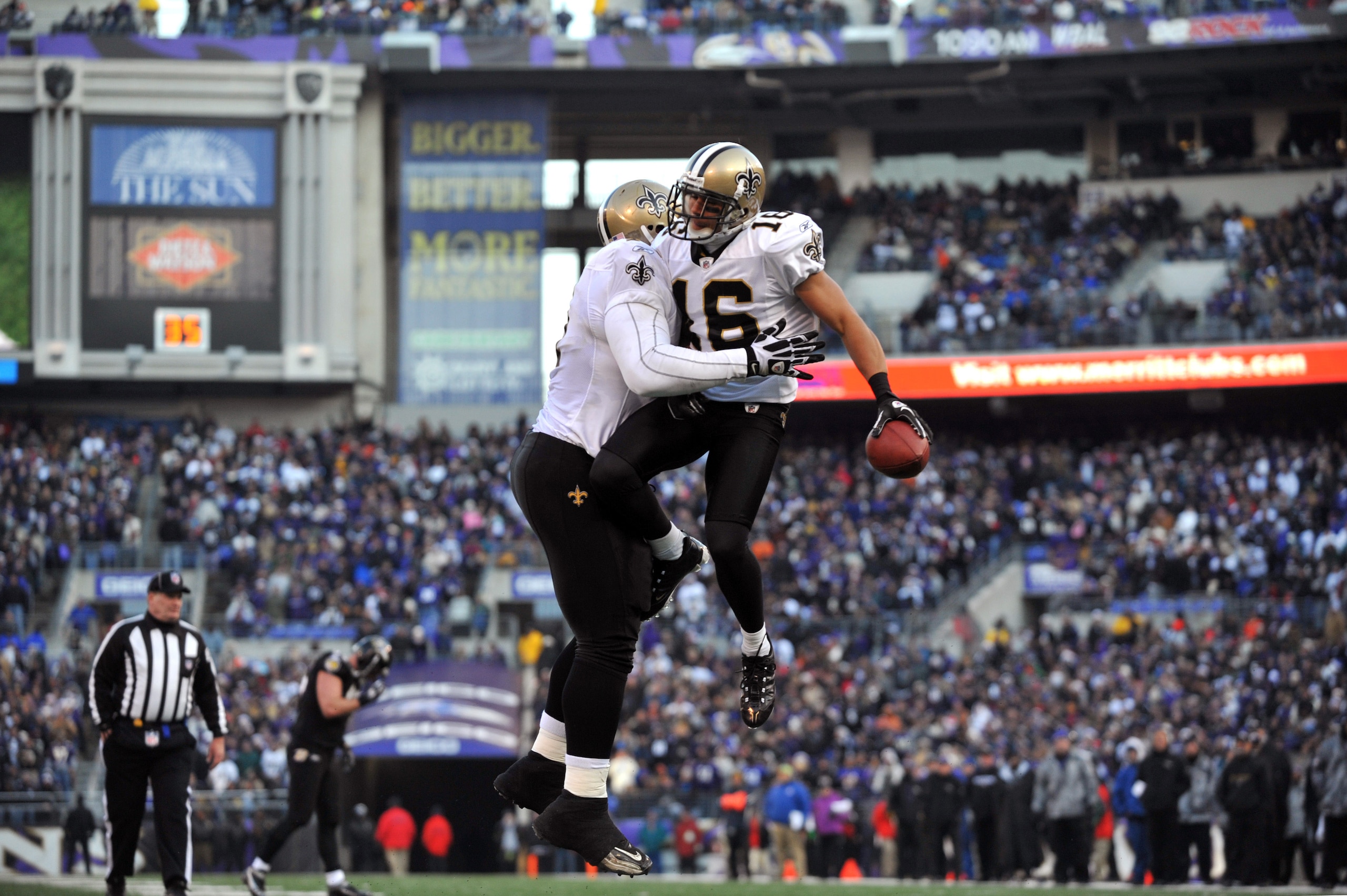 BALTIMORE, MD - DECEMBER 19:  Lance Moore #16 of the New Orleans Saints celebrates a 4th quarter touchdown during the game against the Baltimore Ravens  at M&T Bank Stadium on December 19, 2010 in Baltimore, Maryland. The Ravens defeated the Saints 30-24.