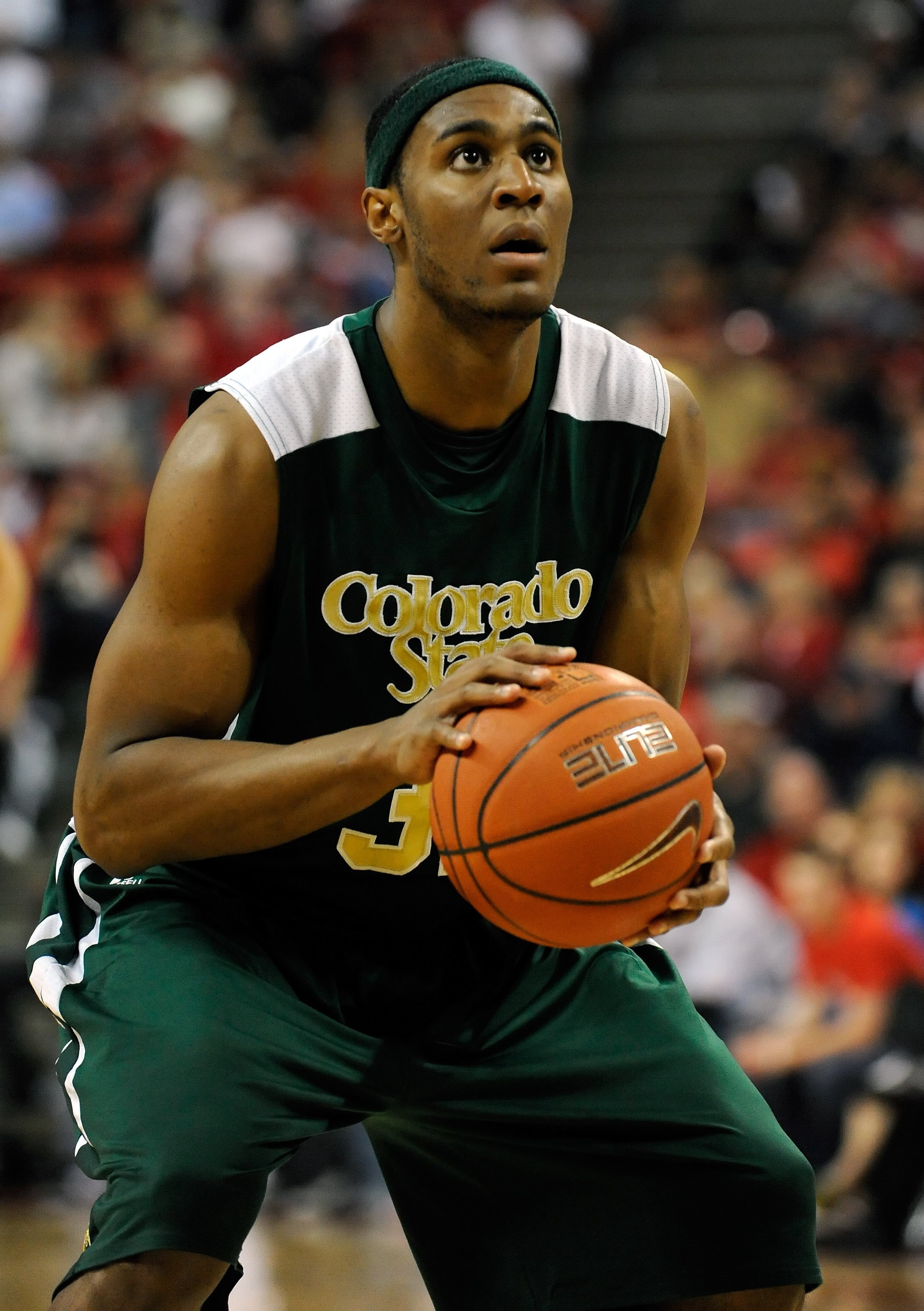 LAS VEGAS - FEBRUARY 20:  Andy Ogide #32 of the Colorado State Rams prepares to shoot a free throw during a game against the UNLV Rebels at the Thomas & Mack Center February 20, 2010 in Las Vegas, Nevada. UNLV won 70-39.  (Photo by Ethan Miller/Getty Imag