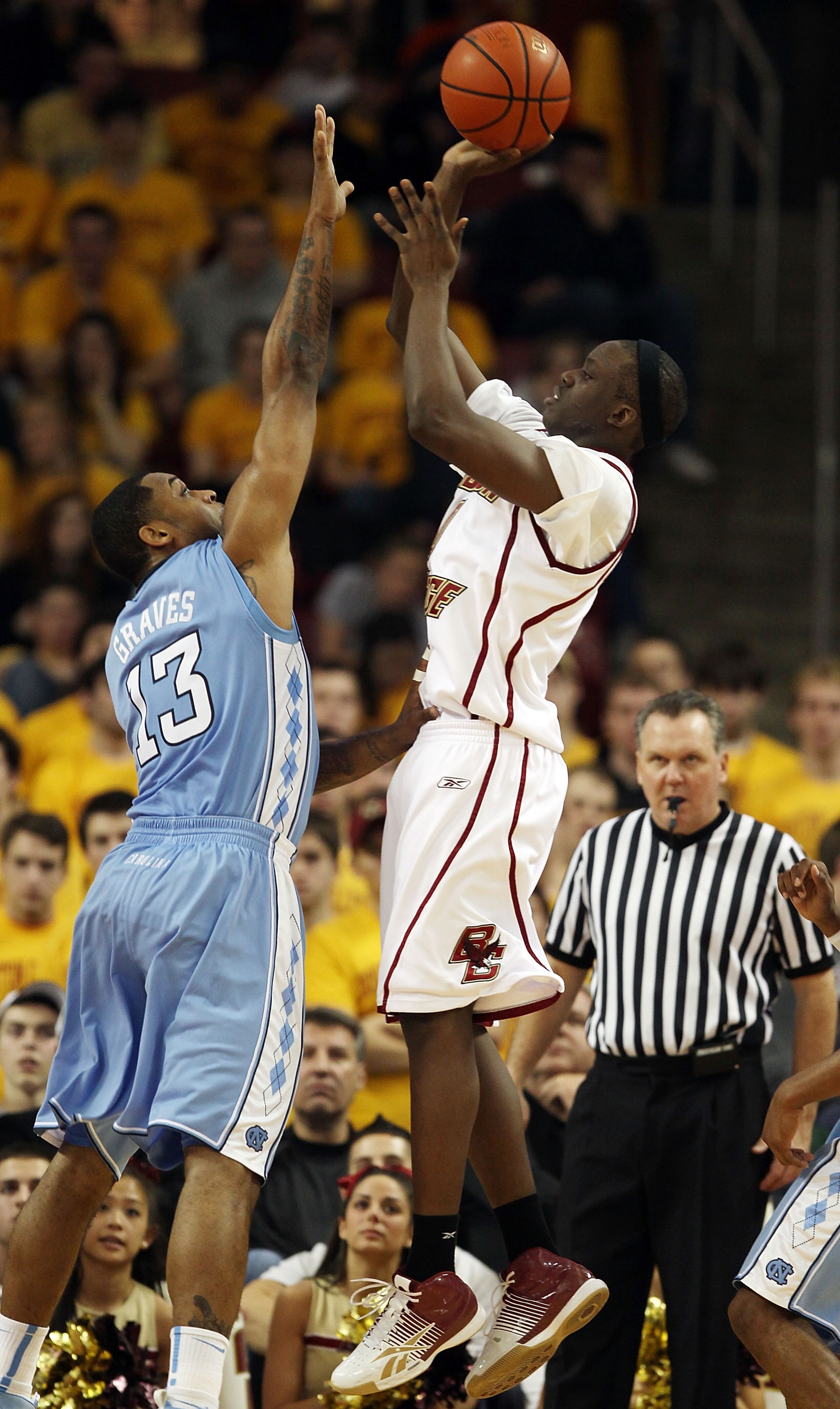 CHESTNUT HILL, MA - FEBRUARY 20:  Reggie Jackson #0 of the Boston College Eagles takes a shot as Will Graves #13 of the North Carolina Tar Heels defends on February 20, 2010 at Conte Forum in Chestnut Hill, Massachusetts. The Eagles defeated the Tar Heels