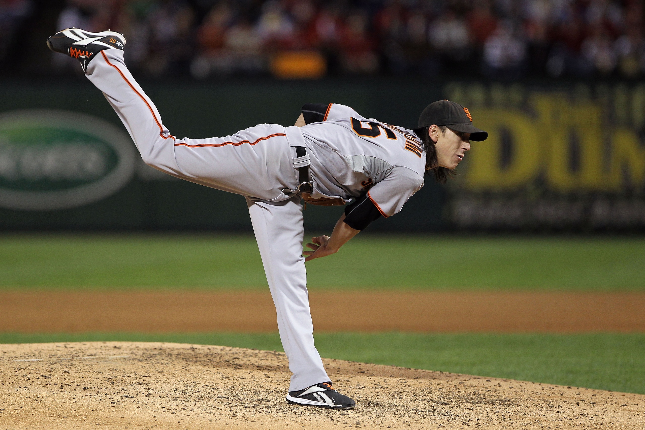 ARLINGTON, TX - NOVEMBER 01:  Starting pitcher Tim Lincecum #55 of the San Francisco Giants pitches against the Texas Rangers in Game Five of the 2010 MLB World Series at Rangers Ballpark in Arlington on November 1, 2010 in Arlington, Texas.  (Photo by Do