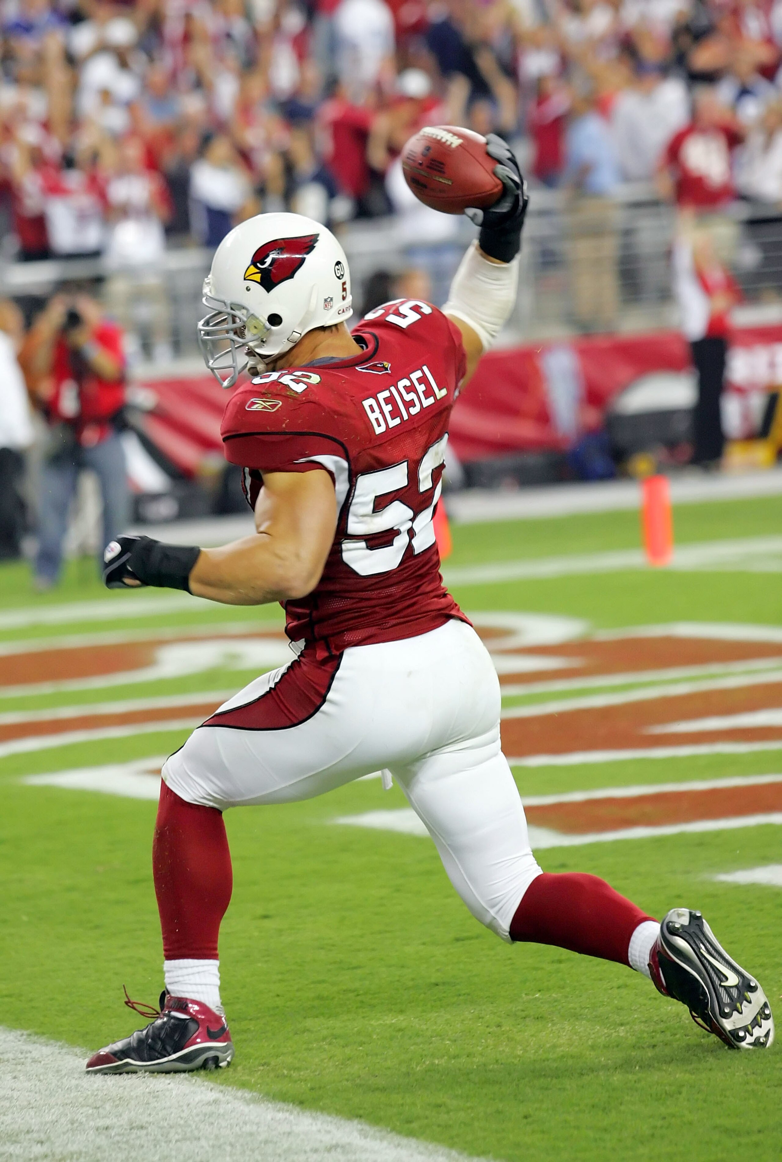 GLENDALE, AZ - OCTOBER 12:   Monty Beisel #52 of the Arizona Cardinals celebrates after scoring the winning touchdown in overtime against the Dallas Cowboys at University of Phoenix Stadium on October 12, 2008 in Glendale, Arizona.  The Cardinals defeated
