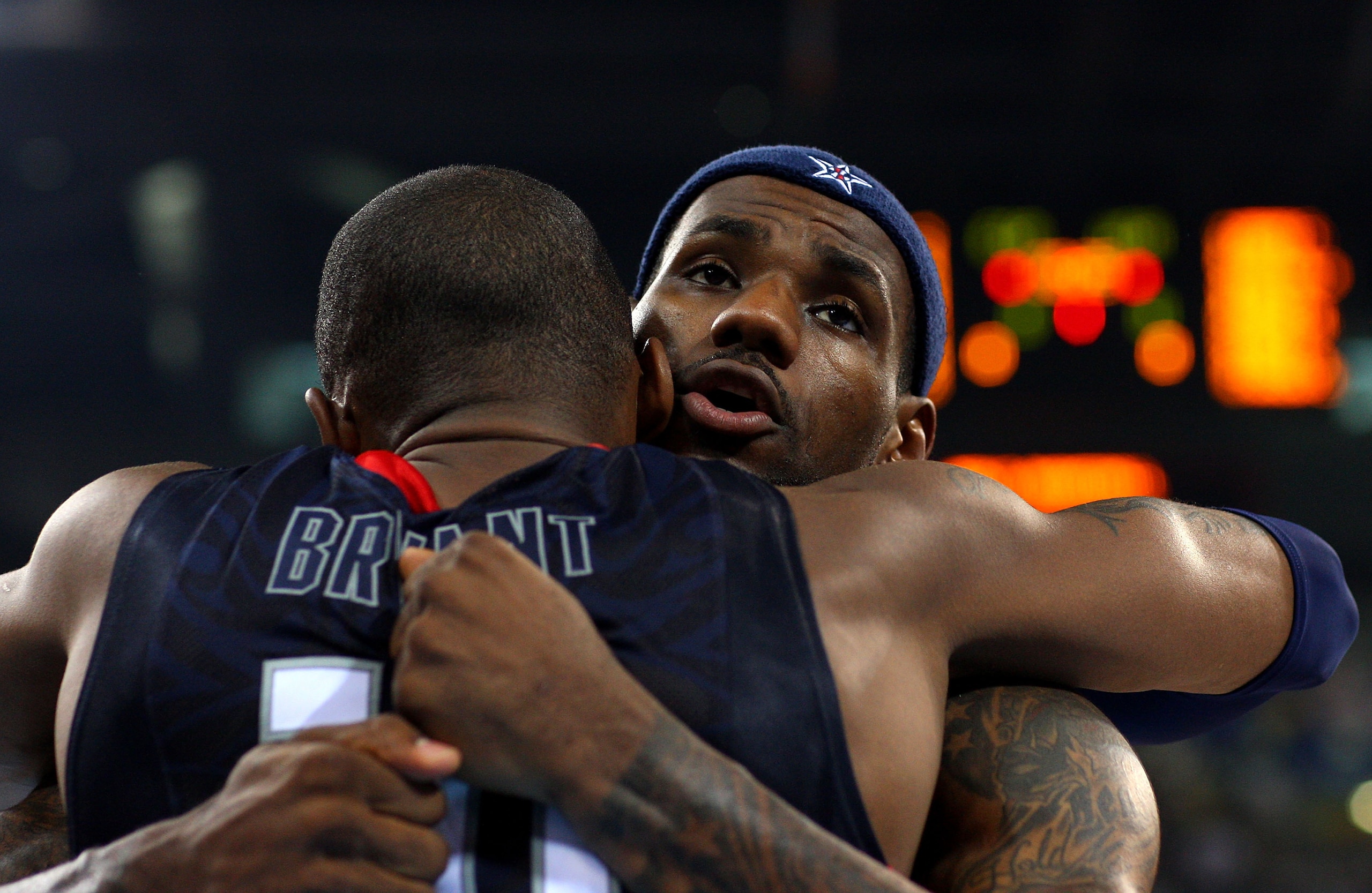 BEIJING - AUGUST 24:  LeBron James #6 and Kobe Bryant #10 of the United States embrace before the gold medal game against Spain during Day 16 of the Beijing 2008 Olympic Games at the Beijing Olympic Basketball Gymnasium on August 24, 2008 in Beijing, Chin