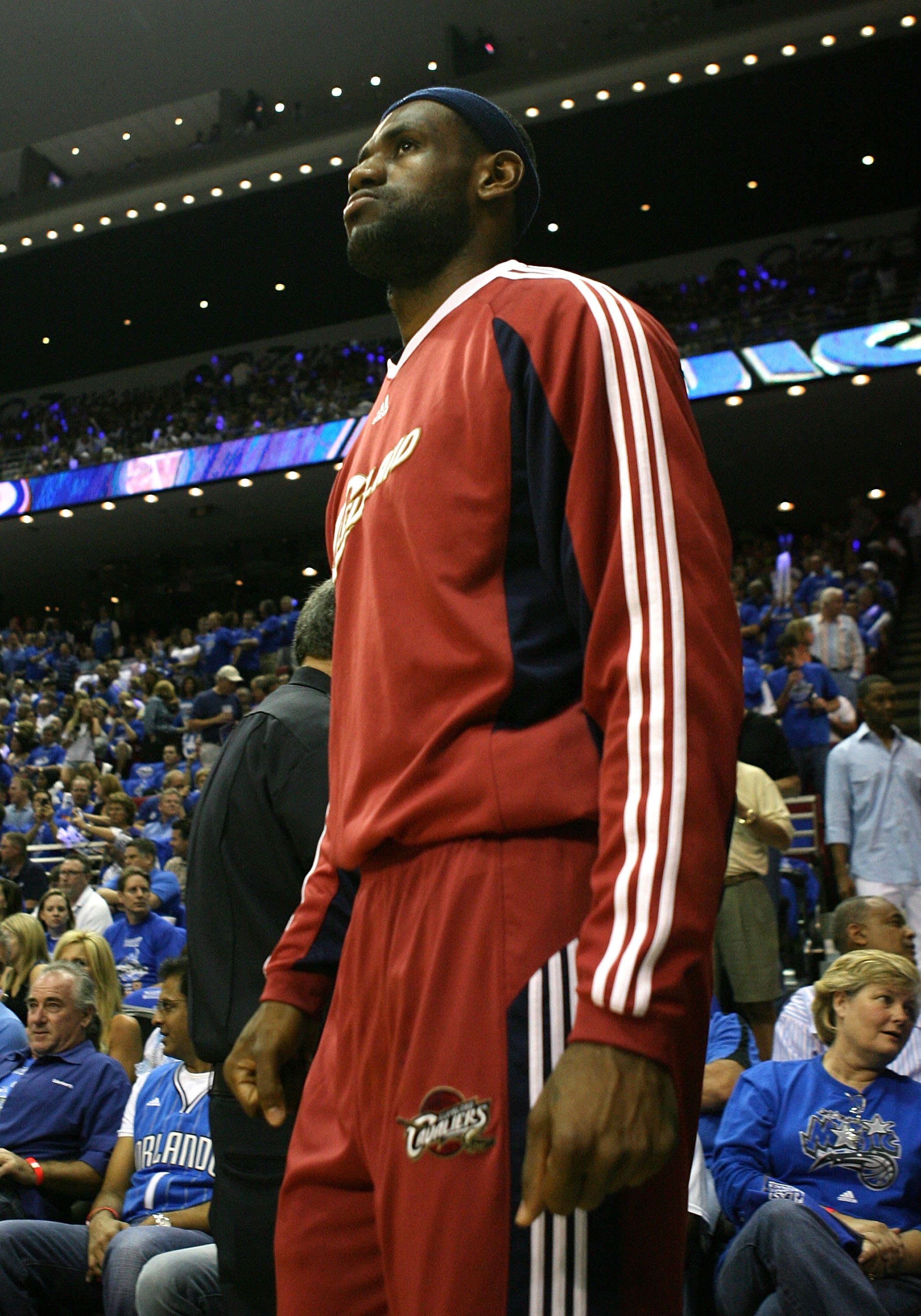 ORLANDO, FL - MAY 30: LeBron James #23 of the Cleveland Cavaliers looks on during introductions against the Orlando Magic in Game Six of the Eastern Conference Finals during the 2009 Playoffs at Amway Arena on May 30, 2009 in Orlando, Florida. NOTE TO USE