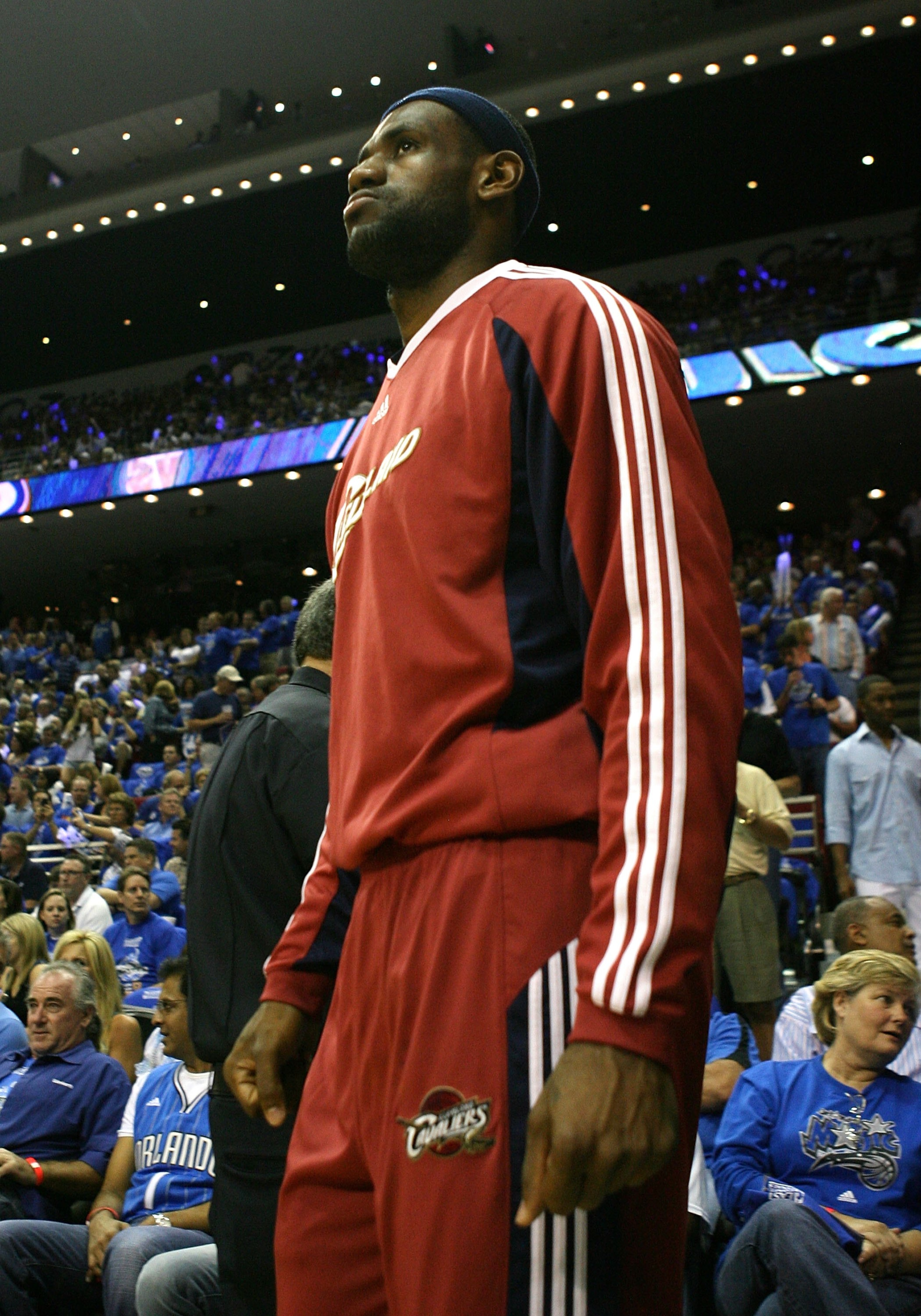 ORLANDO, FL - MAY 30: LeBron James #23 of the Cleveland Cavaliers looks on during introductions against the Orlando Magic in Game Six of the Eastern Conference Finals during the 2009 Playoffs at Amway Arena on May 30, 2009 in Orlando, Florida. NOTE TO USE ORLANDO, FL - MAY 30: LeBron James #23 of the Cleveland Cavaliers looks on during introductions against the Orlando Magic in Game Six of the Eastern Conference Finals during the 2009 Playoffs at Amway Arena on May 30, 2009 in Orlando, Florida. NOTE TO USE