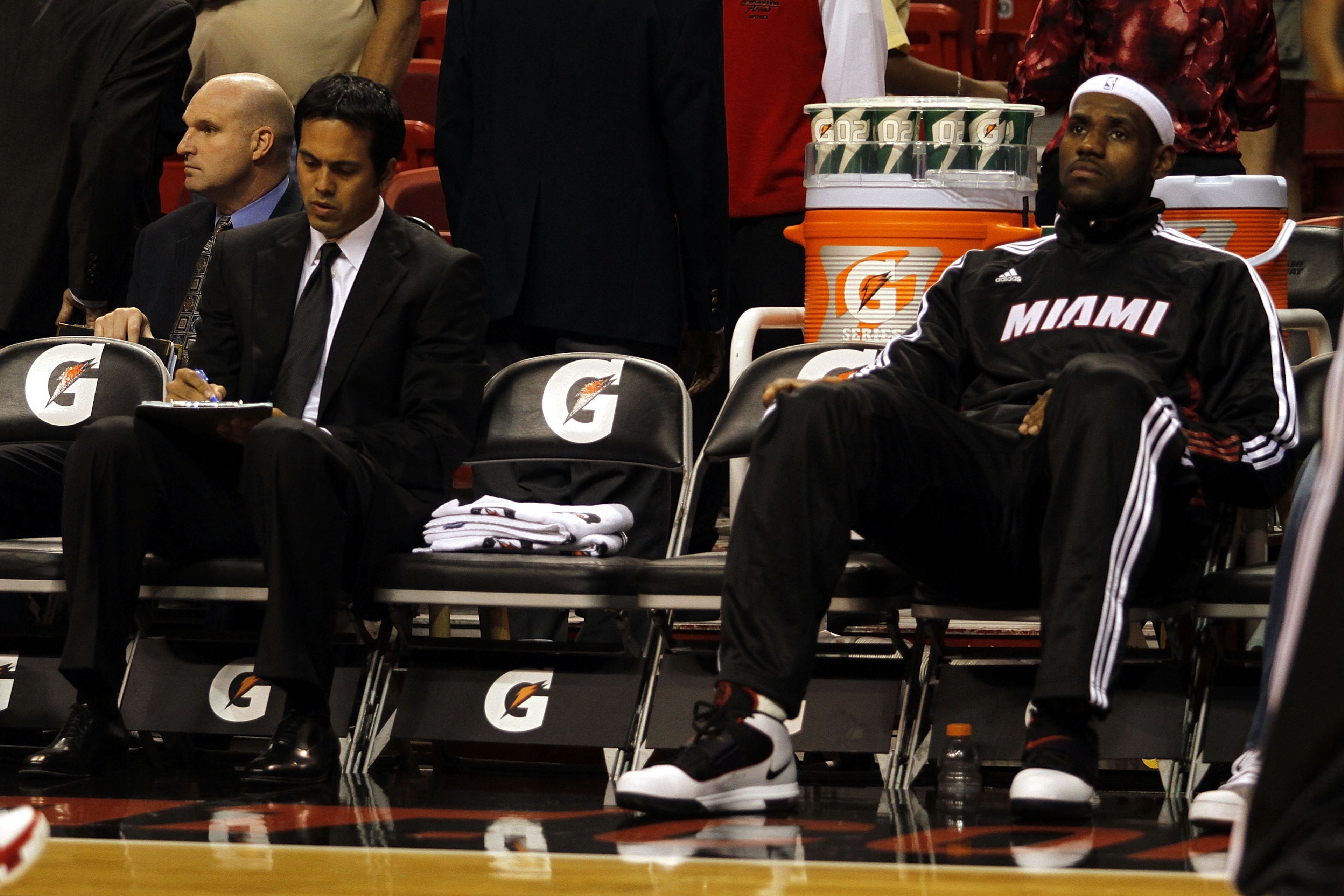 MIAMI - OCTOBER 12: Forward LeBron James #6 and head coach Erik Spoelstra of the Miami Heat on the bench during a game against CSKA Moskow on October 12, 2010 in Miami, Florida. NOTE TO USER: User expressly acknowledges and agrees that, by downloading a MIAMI - OCTOBER 12: Forward LeBron James #6 and head coach Erik Spoelstra of the Miami Heat on the bench during a game against CSKA Moskow on October 12, 2010 in Miami, Florida. NOTE TO USER: User expressly acknowledges and agrees that, by downloading a