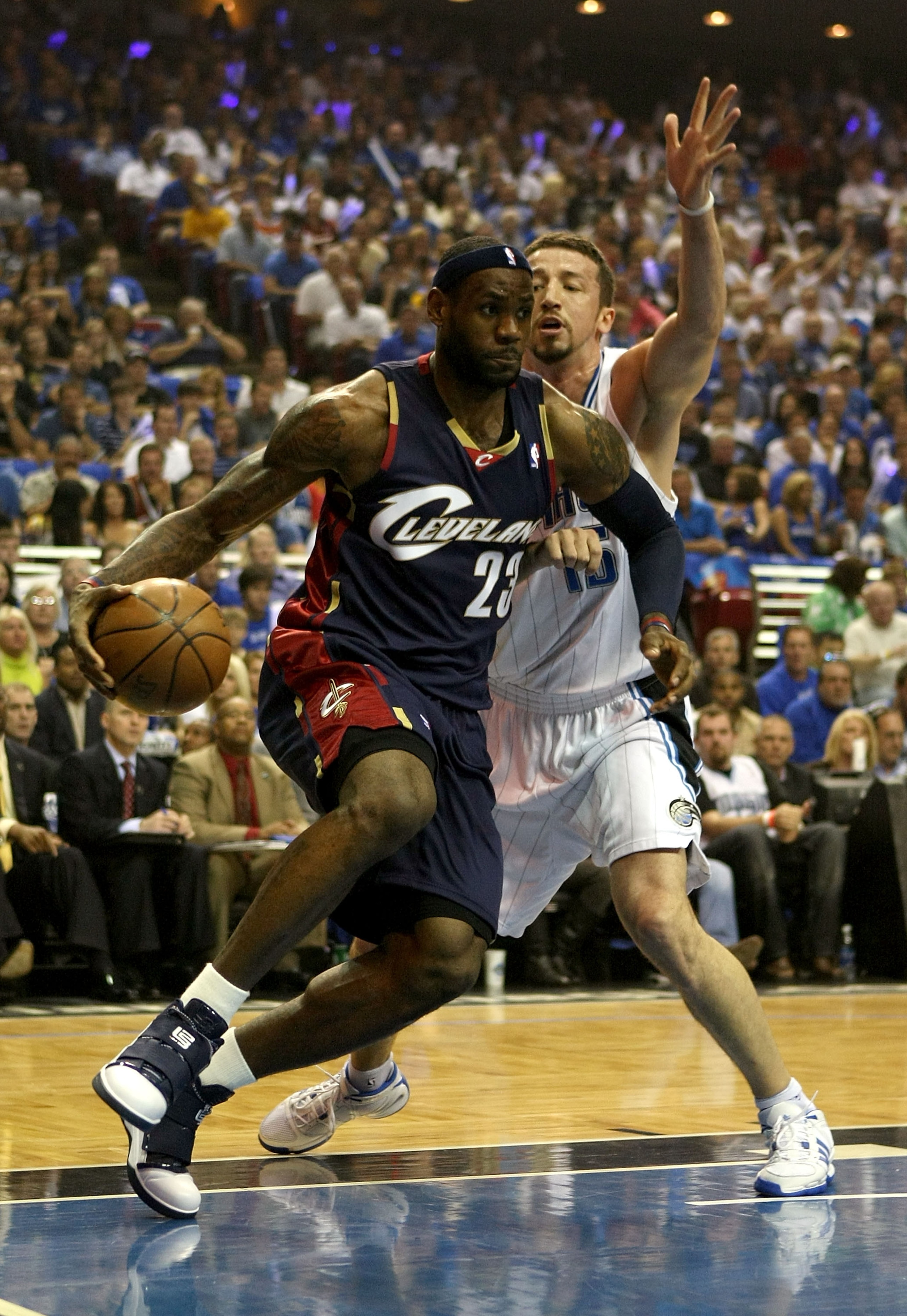 ORLANDO, FL - MAY 30:  LeBron James #23 of the Cleveland Cavaliers drives to the hoop against Hedo Turkoglu #15 of the Orlando Magic in Game Six of the Eastern Conference Finals during the 2009 Playoffs at Amway Arena on May 30, 2009 in Orlando, Florida. 