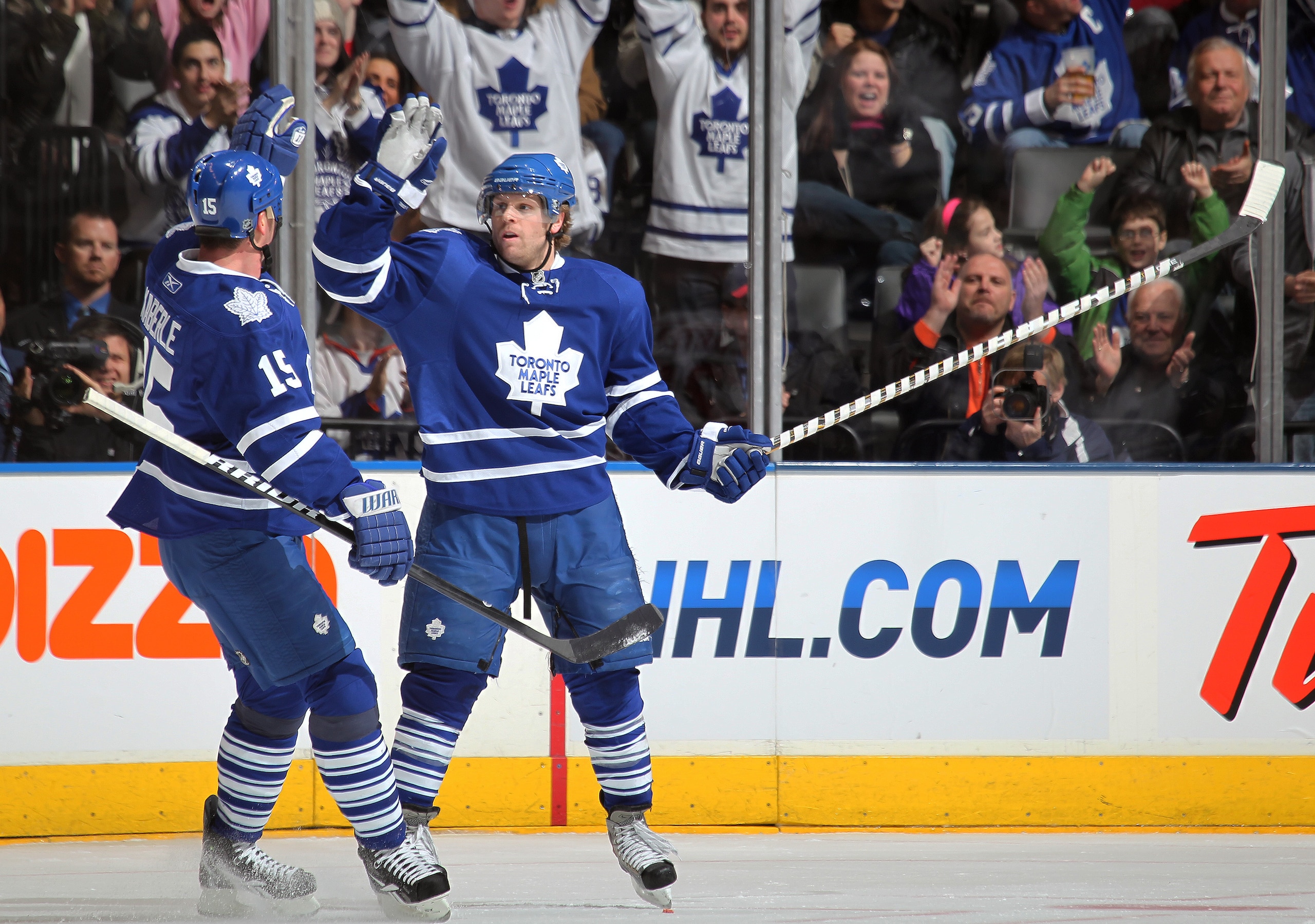 TORONTO,ON - DECEMBER 28: Tomas Kaberle #15 congratulates teammate Phil Kessel #81 of the Toronto Maple Leafs after his goal in a game against the Carolina Hurricanes in a game on December 28, 2010 at the Air Canada Centre in Toronto, Ontario. (Photo by TORONTO,ON - DECEMBER 28: Tomas Kaberle #15 congratulates teammate Phil Kessel #81 of the Toronto Maple Leafs after his goal in a game against the Carolina Hurricanes in a game on December 28, 2010 at the Air Canada Centre in Toronto, Ontario. (Photo by