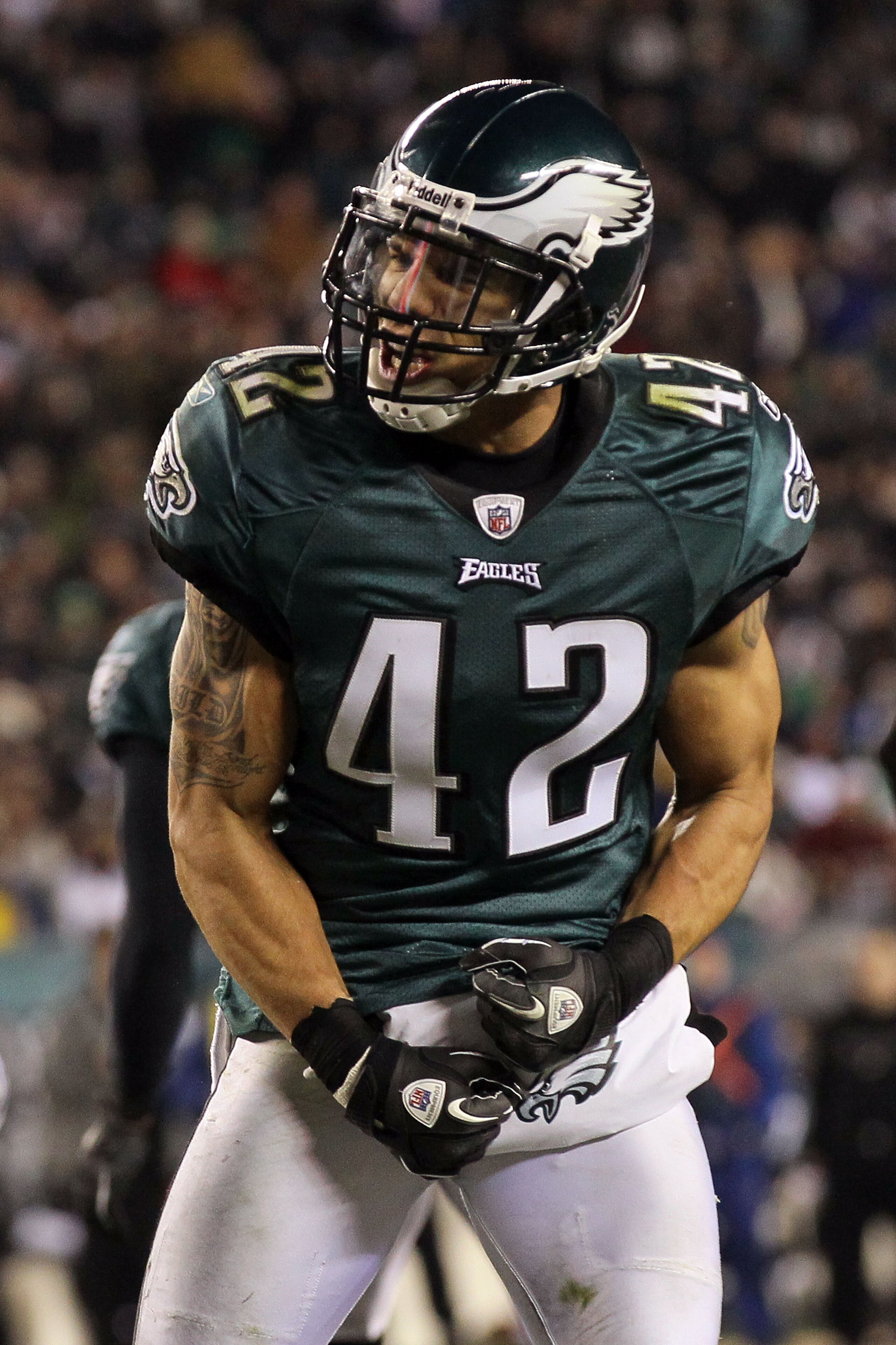 PHILADELPHIA, PA - DECEMBER 28: Kurt Coleman #42 of the Philadelphia Eagles celebrates after tackling Visanthe Shiancoe #81 of the Minnesota Vikings at Lincoln Financial Field on December 26, 2010 in Philadelphia, Pennsylvania. (Photo by Jim McIsaac/Get PHILADELPHIA, PA - DECEMBER 28: Kurt Coleman #42 of the Philadelphia Eagles celebrates after tackling Visanthe Shiancoe #81 of the Minnesota Vikings at Lincoln Financial Field on December 26, 2010 in Philadelphia, Pennsylvania. (Photo by Jim McIsaac/Get
