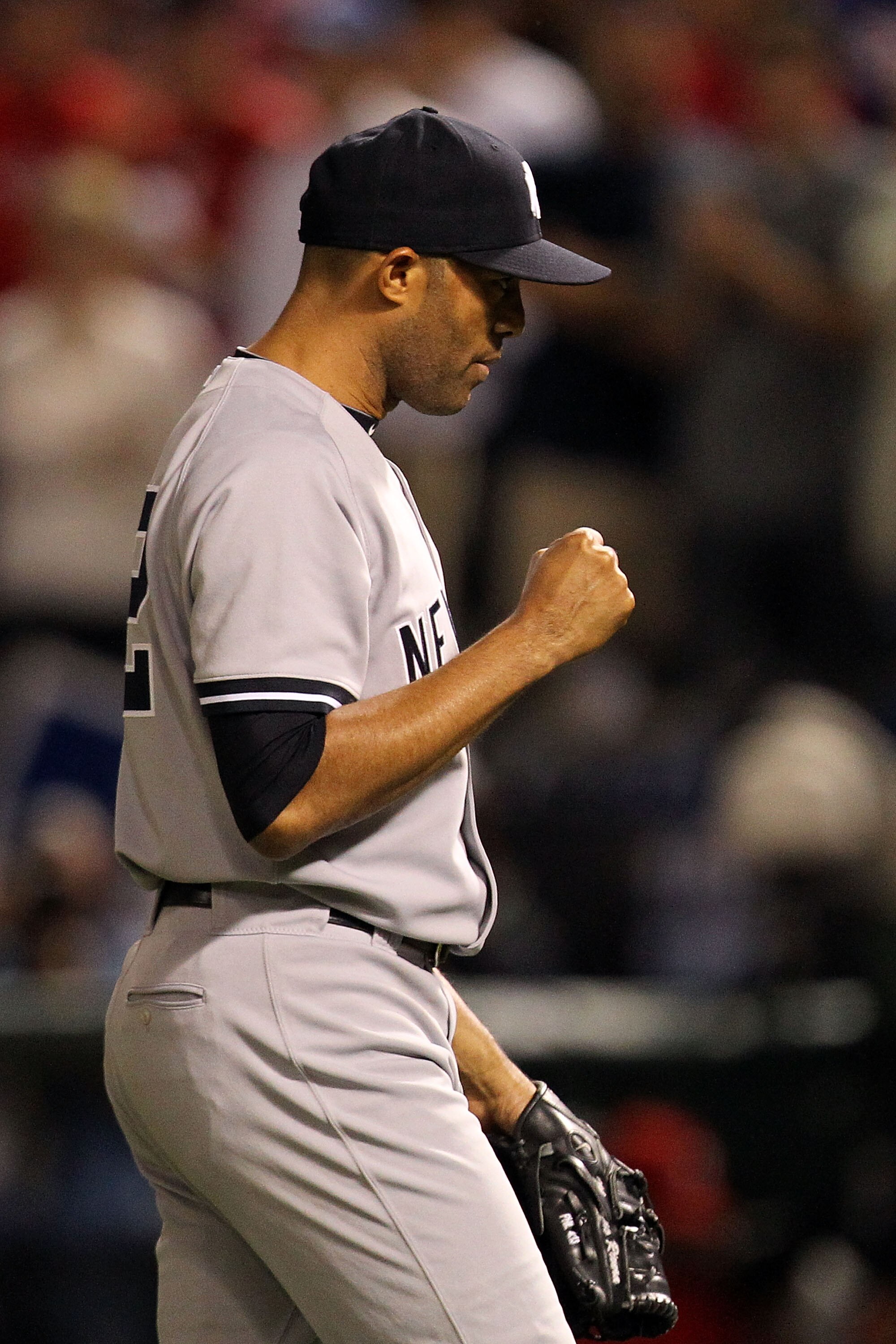 ARLINGTON, TX - OCTOBER 15:  Mariano Rivera #42 of the New York Yankees reacts after the final out of the Yankees 6-5 win against the Texas Rangers in Game One of the ALCS during the 2010 MLB Playoffs at Rangers Ballpark in Arlington on October 15, 2010 i