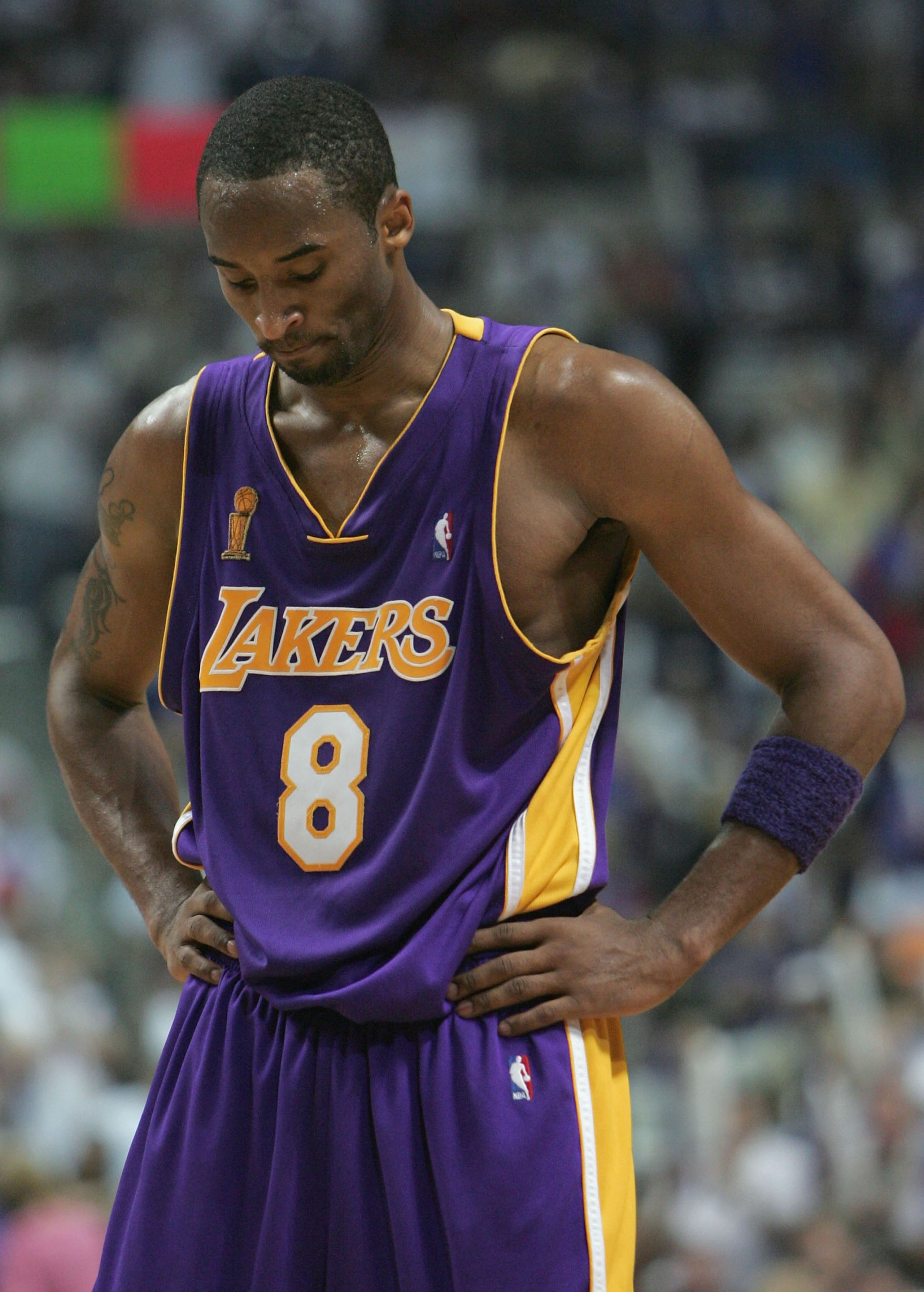 AUBURN HILLS, MI - JUNE 15: Kobe Bryant #8 of the Los Angeles Lakers hangs his head in dejection in the fourth quarter of game five of the 2004 NBA Finals against the Detroit Pistons on June 15, 2004 at The Palace of Auburn Hills in Auburn Hills, Michiga AUBURN HILLS, MI - JUNE 15: Kobe Bryant #8 of the Los Angeles Lakers hangs his head in dejection in the fourth quarter of game five of the 2004 NBA Finals against the Detroit Pistons on June 15, 2004 at The Palace of Auburn Hills in Auburn Hills, Michiga