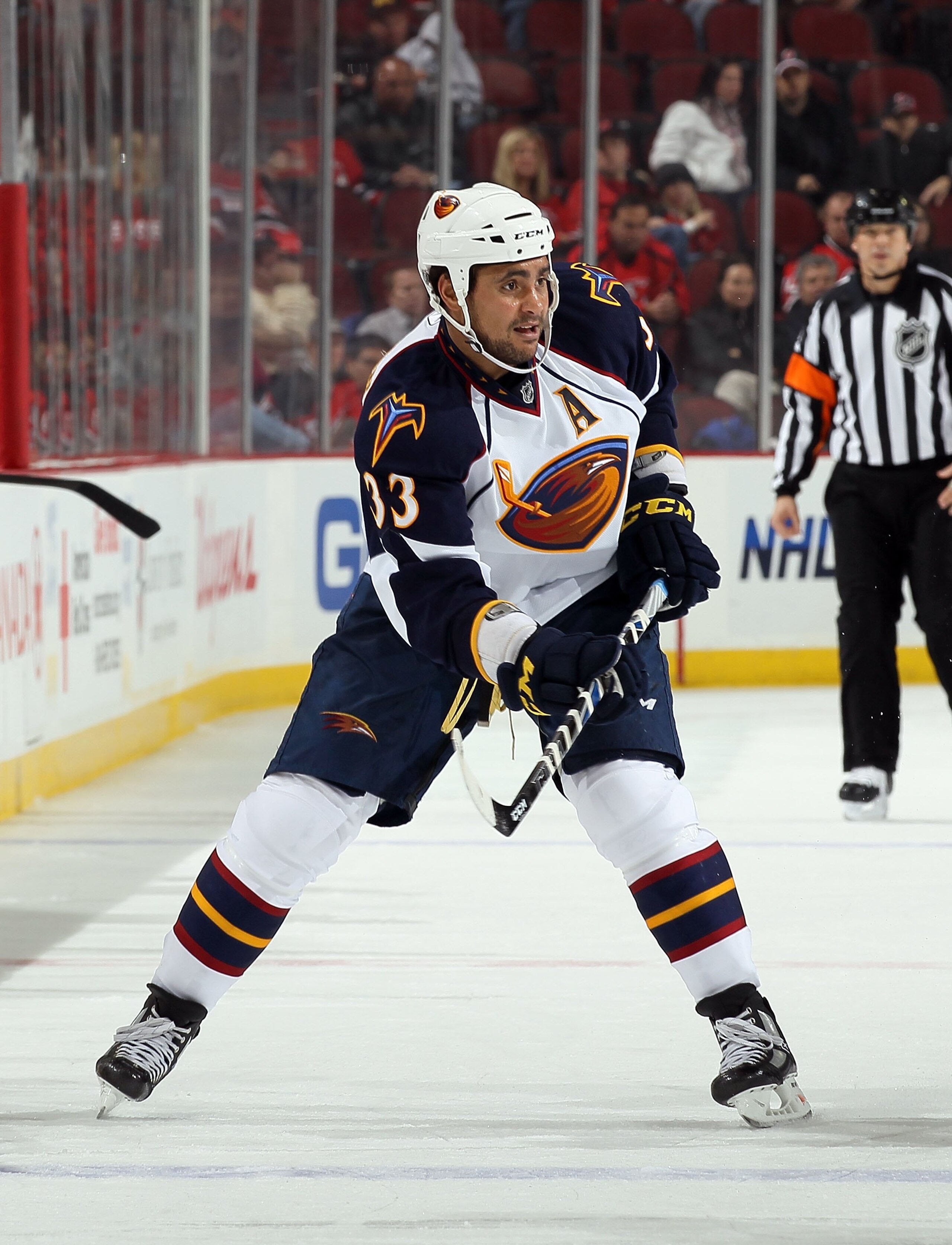 NEWARK, NJ - DECEMBER 31:  Dustin Byfuglien #33 of the Atlanta Thrashers skates against the New Jersey Devils at the Prudential Center on December 31, 2010 in Newark, New Jersey. The Devils defeated the Thrashers 3-1.  (Photo by Jim McIsaac/Getty Images)