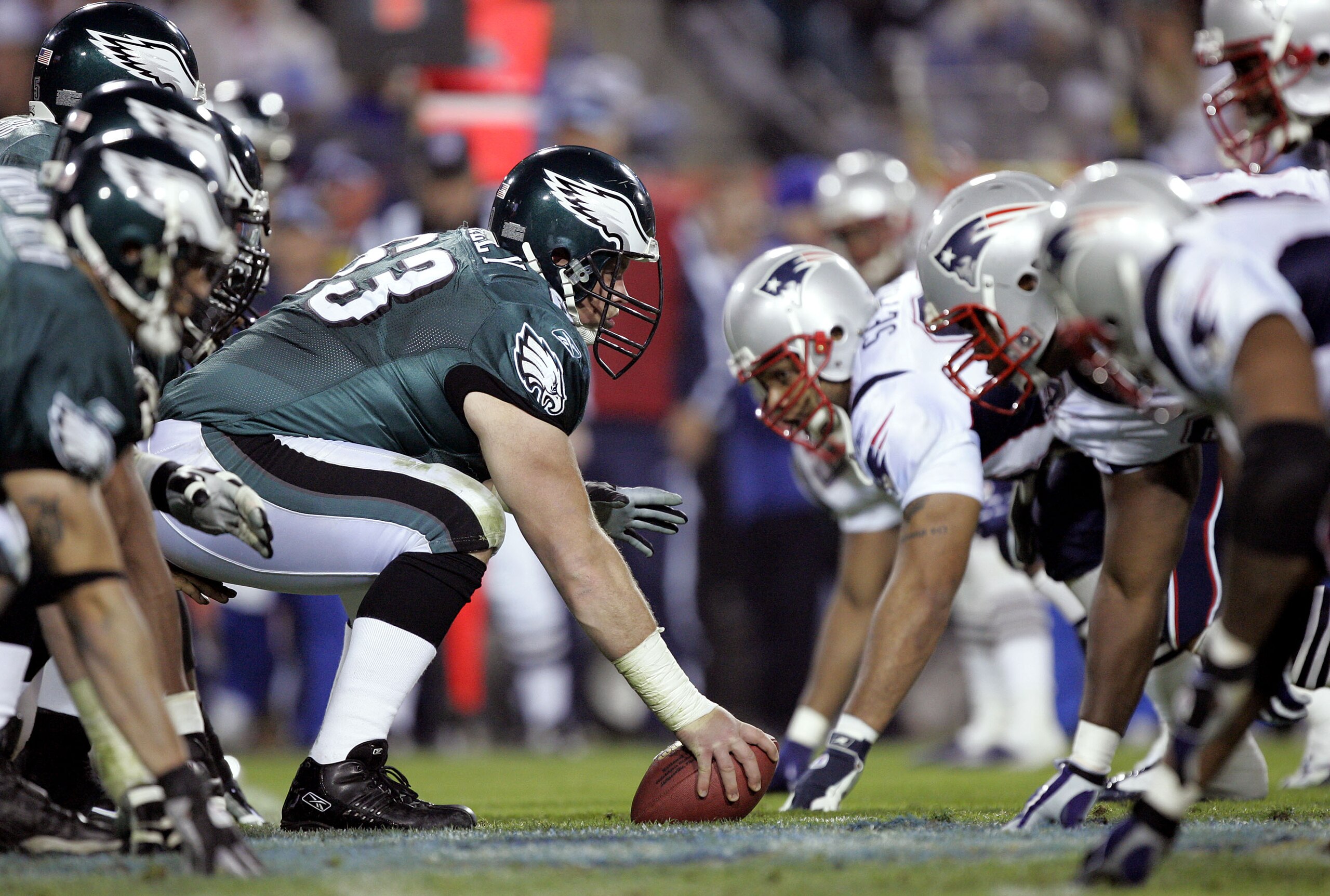 JACKSONVILLE, FL - FEBRUARY 06:  Hank Fraley #63 of the Philadelphia Eagles prepares to snap against the New England Patriots in the fourth quarter of Super Bowl XXXIX at Alltel Stadium on February 6, 2005 in Jacksonville, Florida.  (Photo by Brian Bahr/G