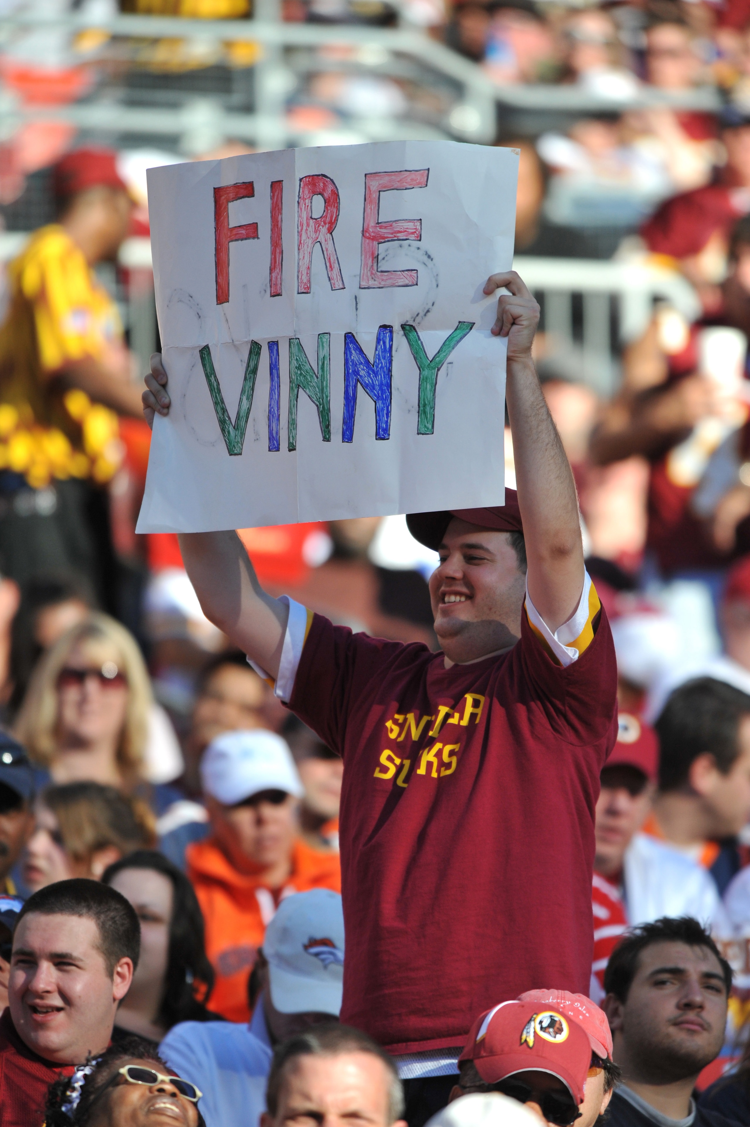 LANDOVER, MD - NOVEMBER 15: A fan of the Washington Redskins expresses his feelings during the game against the Denver Broncos at FedExField on November 15, 2009 in Landover, Maryland. The Redskins defeated the Broncos 27-17. (Photo by Larry French/Getty LANDOVER, MD - NOVEMBER 15: A fan of the Washington Redskins expresses his feelings during the game against the Denver Broncos at FedExField on November 15, 2009 in Landover, Maryland. The Redskins defeated the Broncos 27-17. (Photo by Larry French/Getty