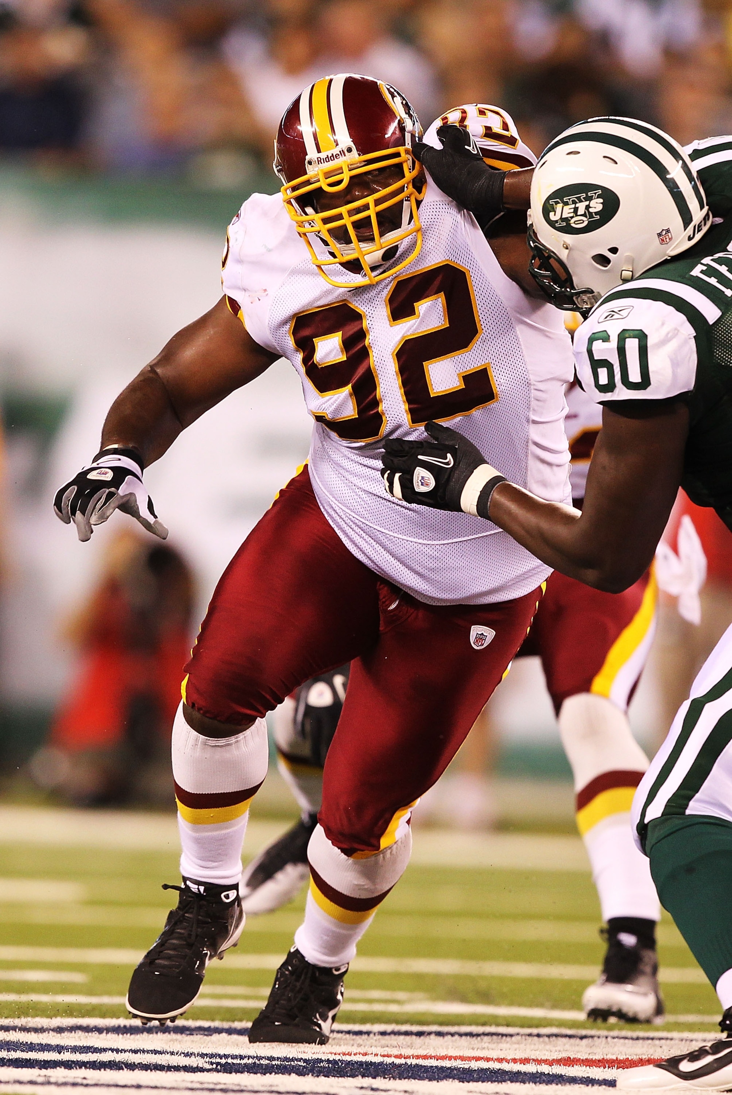 EAST RUTHERFORD, NJ - AUGUST 27: Albert Haynesworth #92 of the Washington Redskins in action against the New York Jets during their preseason game on August 27, 2010 at the New Meadowlands Stadium in East Rutherford, New Jersey. (Photo by Al Bello/Get EAST RUTHERFORD, NJ - AUGUST 27: Albert Haynesworth #92 of the Washington Redskins in action against the New York Jets during their preseason game on August 27, 2010 at the New Meadowlands Stadium in East Rutherford, New Jersey. (Photo by Al Bello/Get