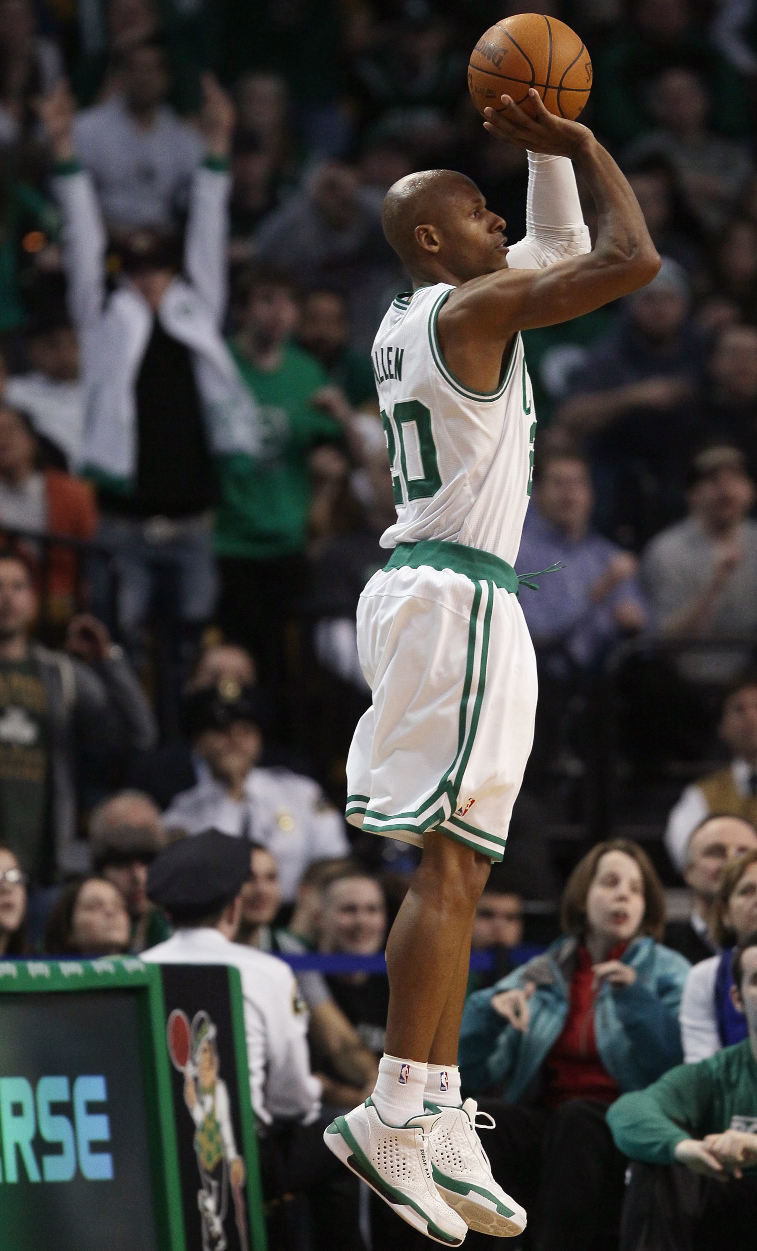 BOSTON, MA - JANUARY 03: Ray Allen #20 of the Boston Celtics makes three point shot late in the fourth quarter against the Minnesota Timberwolves on January 3, 2011 at the TD Garden in Boston, Massachusetts. The Celtics defeated the Timberwolves 96-93. N BOSTON, MA - JANUARY 03: Ray Allen #20 of the Boston Celtics makes three point shot late in the fourth quarter against the Minnesota Timberwolves on January 3, 2011 at the TD Garden in Boston, Massachusetts. The Celtics defeated the Timberwolves 96-93. N