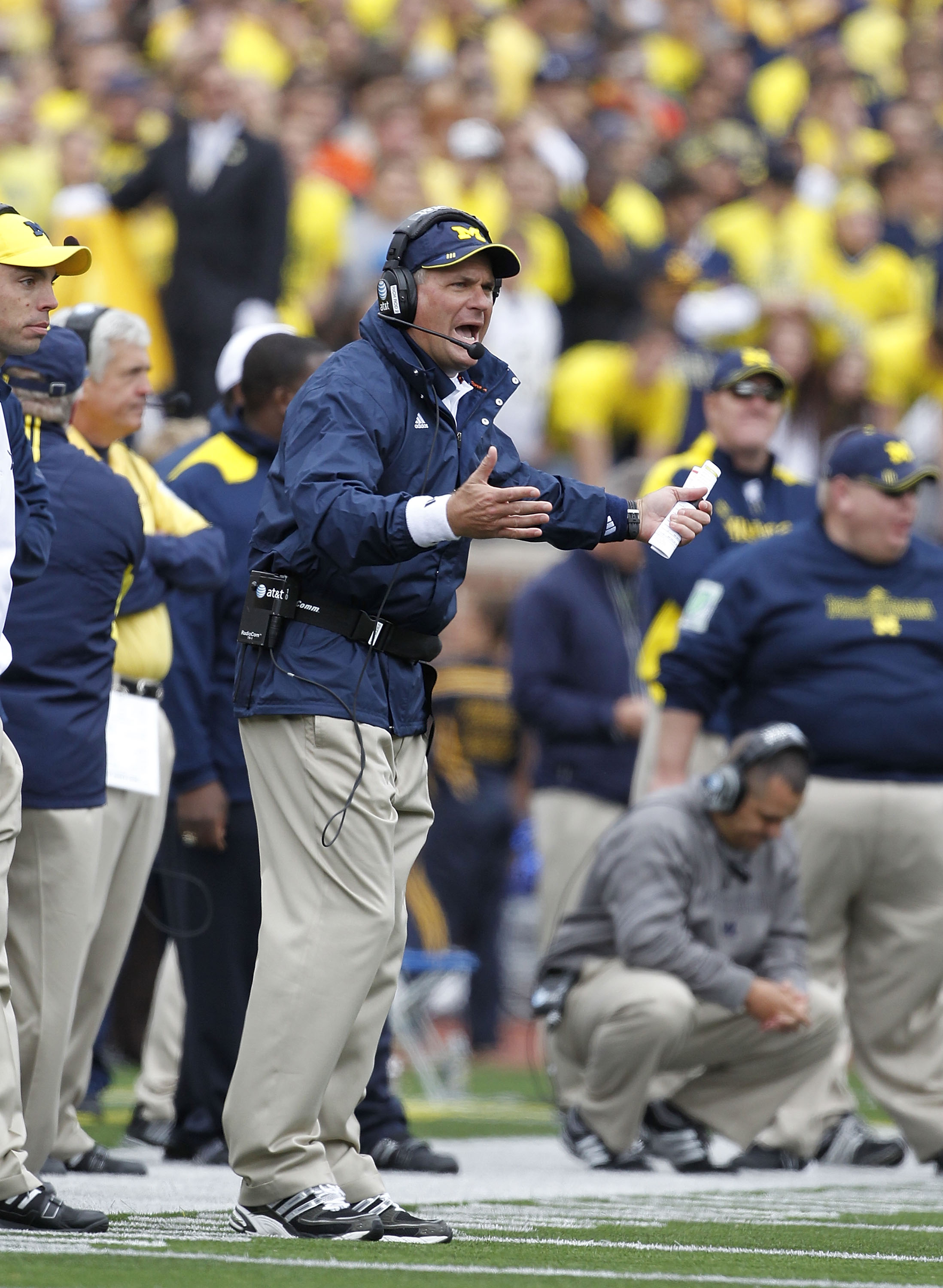 ANN ARBOR, MI - SEPTEMBER 25: Michigan Head Coach Rich Rodriguez reacts to a play during the second quarter of the game against Bowling Green on September 25, 2010 at Michigan Stadium in Ann Arbor, Michigan. Michigan defeated Bowling Green 65-21.  (Photo