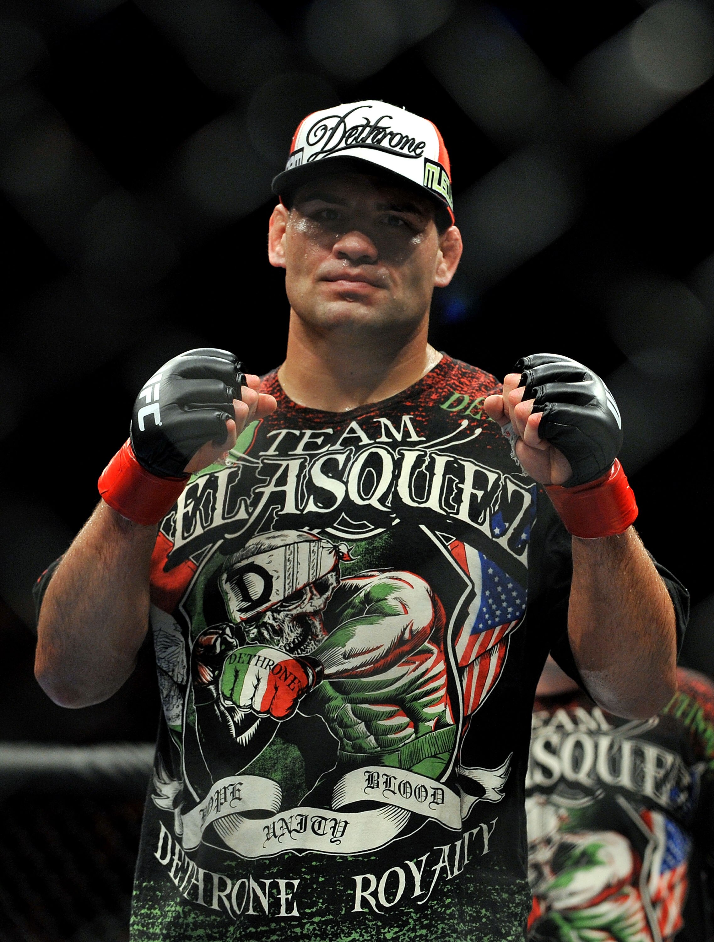 LOS ANGELES, CA - OCTOBER 24:  UFC fighter Cain Velasquez poses after his victory over UFC fighter Ben Rothwell (not pictured) in their Heavyweight bout at UFC 104: Machida vs. Shogun at Staples Center on October 24, 2009 in Los Angeles, California.  Vela