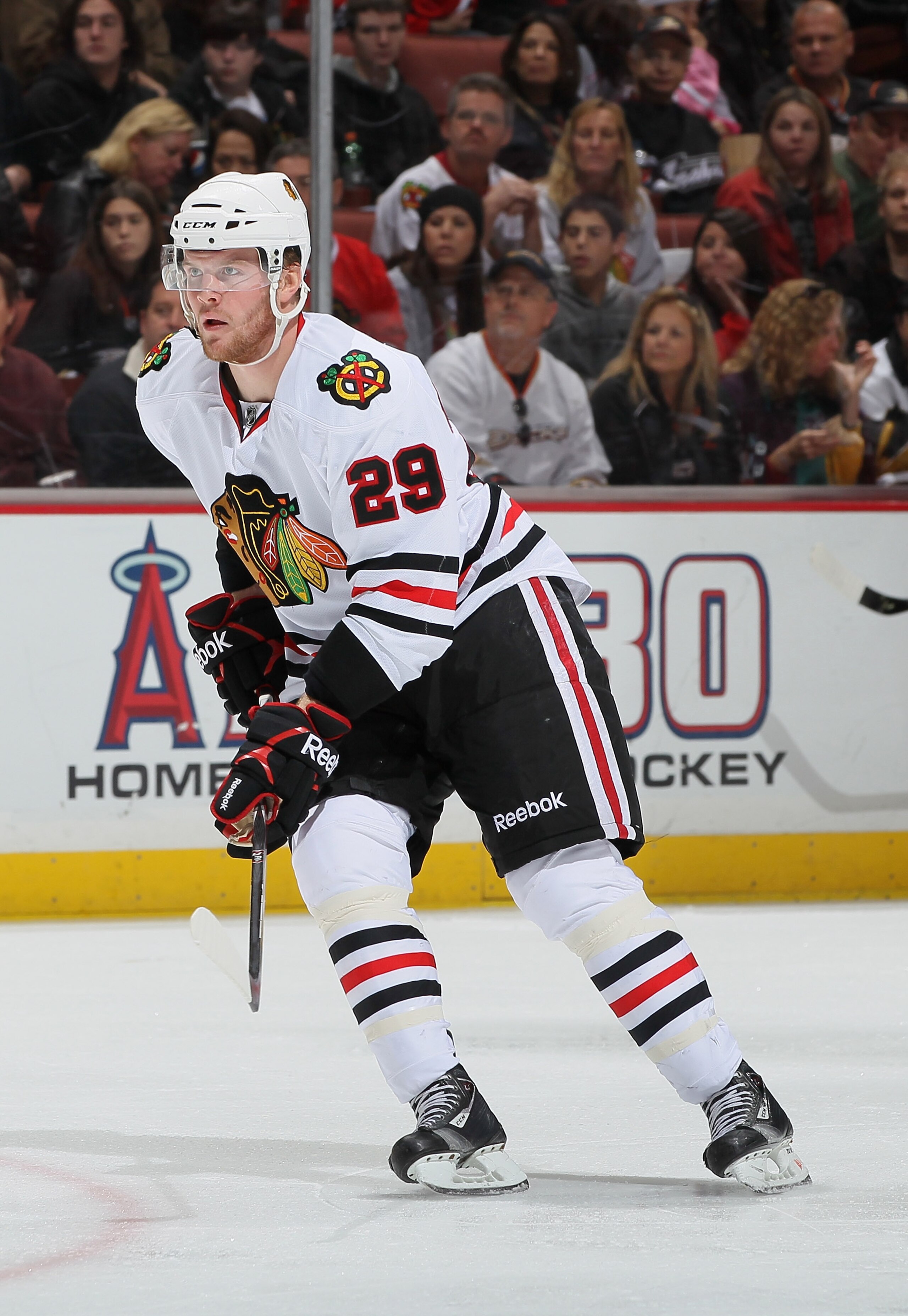 ANAHEIM, CA - NOVEMBER 26:  Bryan Bickell #29 of the Chicago Blackhawks skates against the Anaheim Ducks at the Honda Center on November 26, 2010 in Anaheim, California.  (Photo by Jeff Gross/Getty Images)