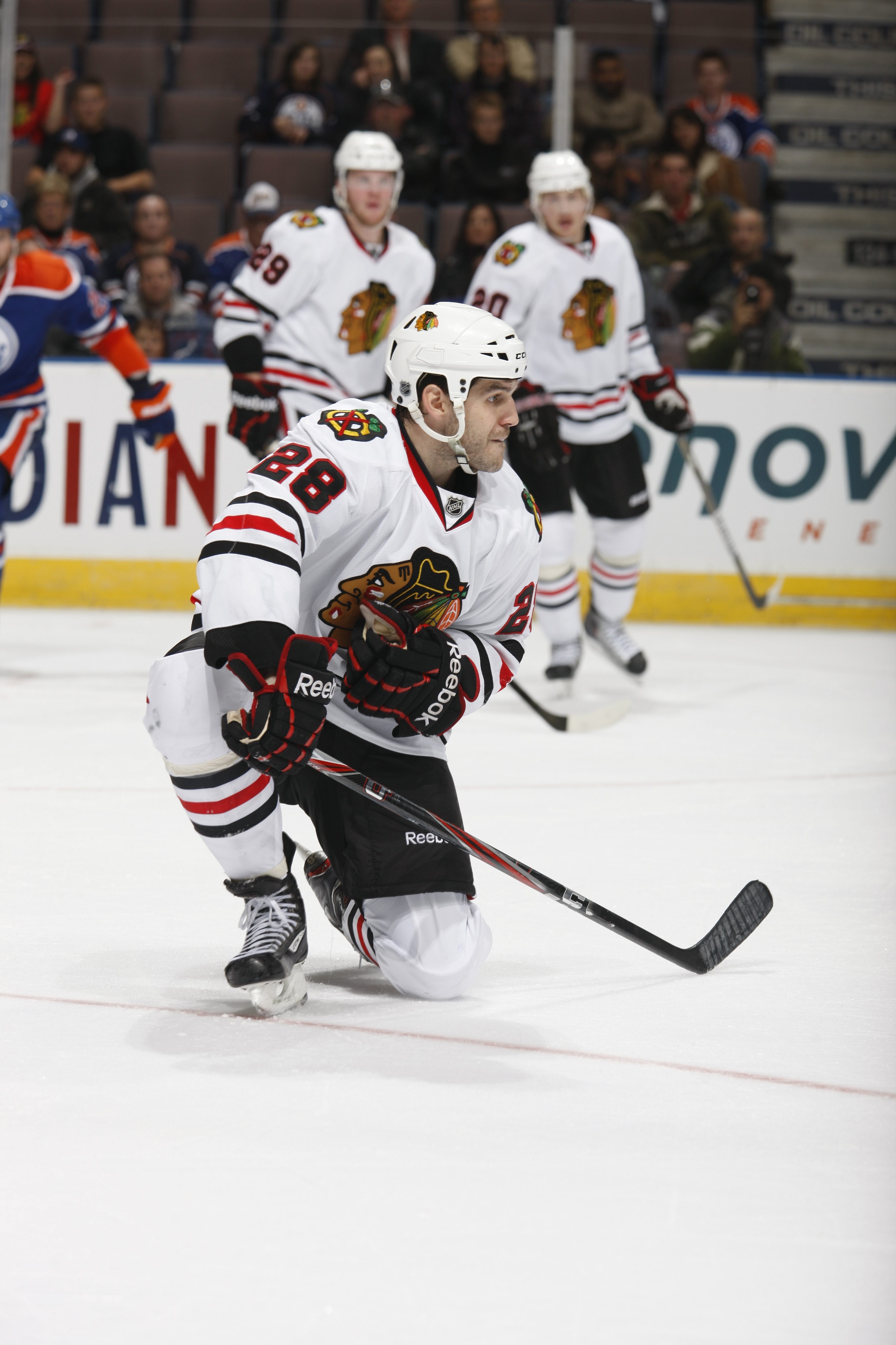 EDMONTON, CANADA - NOVEMBER 17: Jake Dowell #28 of the Chicago Black Hawks skates against the Edmonton Oilers on November 17, 2010 at Rexall Place in Edmonton, Alberta, Canada. (Photo by Dale MacMillan/Getty Images)