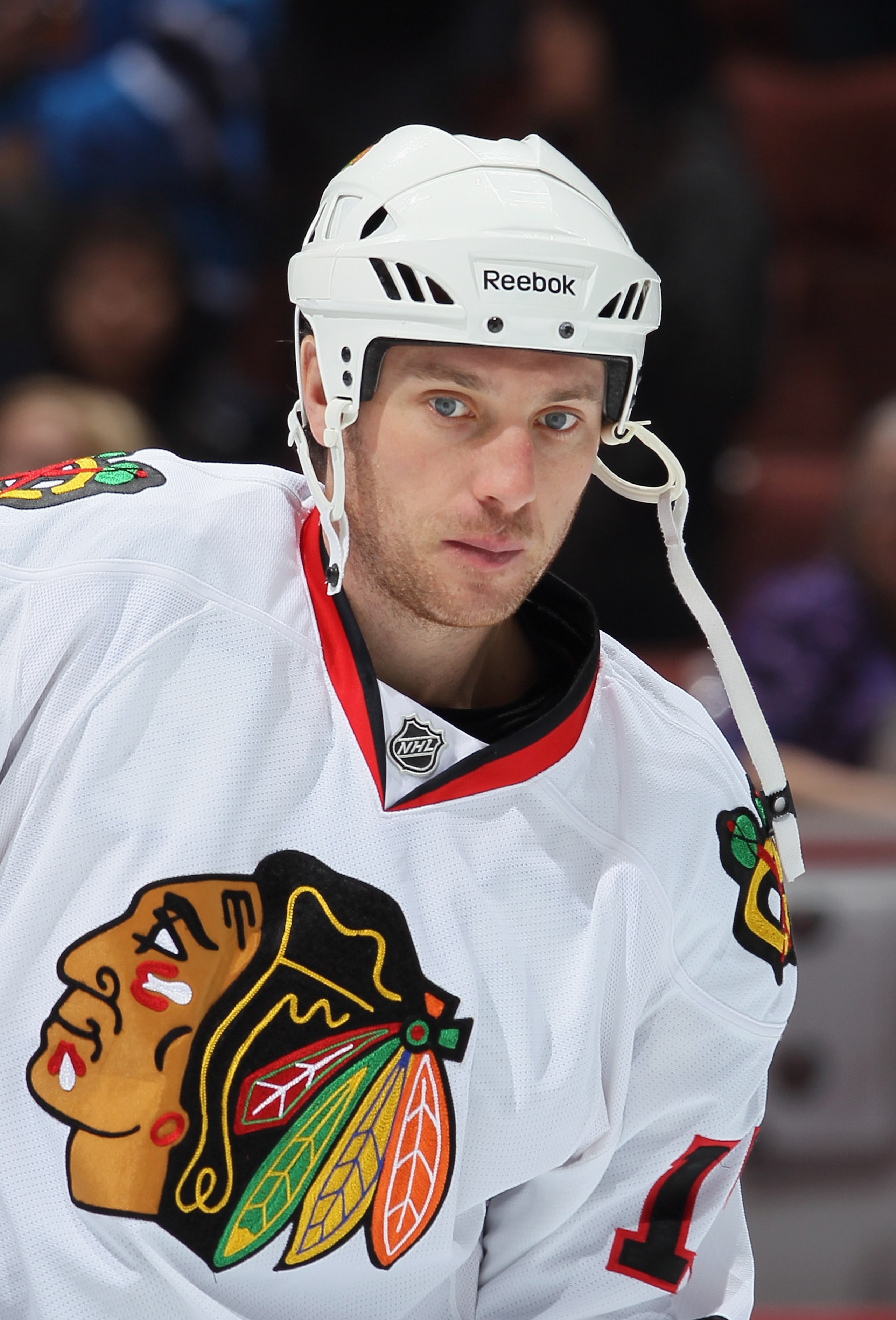 ANAHEIM, CA - NOVEMBER 26:  Fernando Pisani #15 of the Chicago Blackhawks skates prior to the start of the game against the Anaheim Ducks at the Honda Center on November 26, 2010 in Anaheim, California.  (Photo by Jeff Gross/Getty Images)