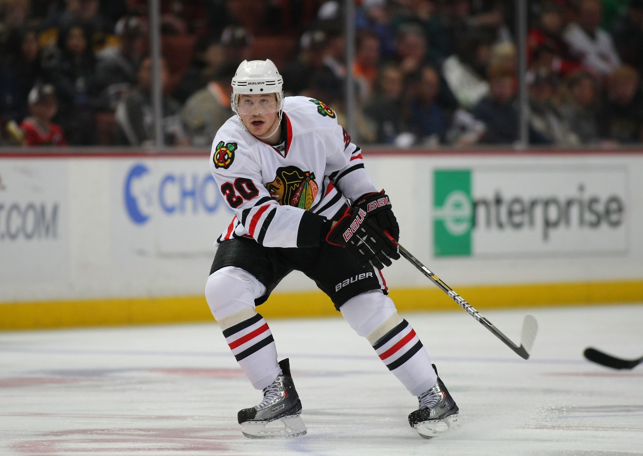 ANAHEIM, CA - JANUARY 02:  Jack Skille #20 of the Chicago Blackhawks skates against the Anaheim Ducks during the NHL game at Honda Center on January 2, 2011 in Anaheim, California. The Ducks defeated the Blackhawks 2-1.  (Photo by Victor Decolongon/Getty