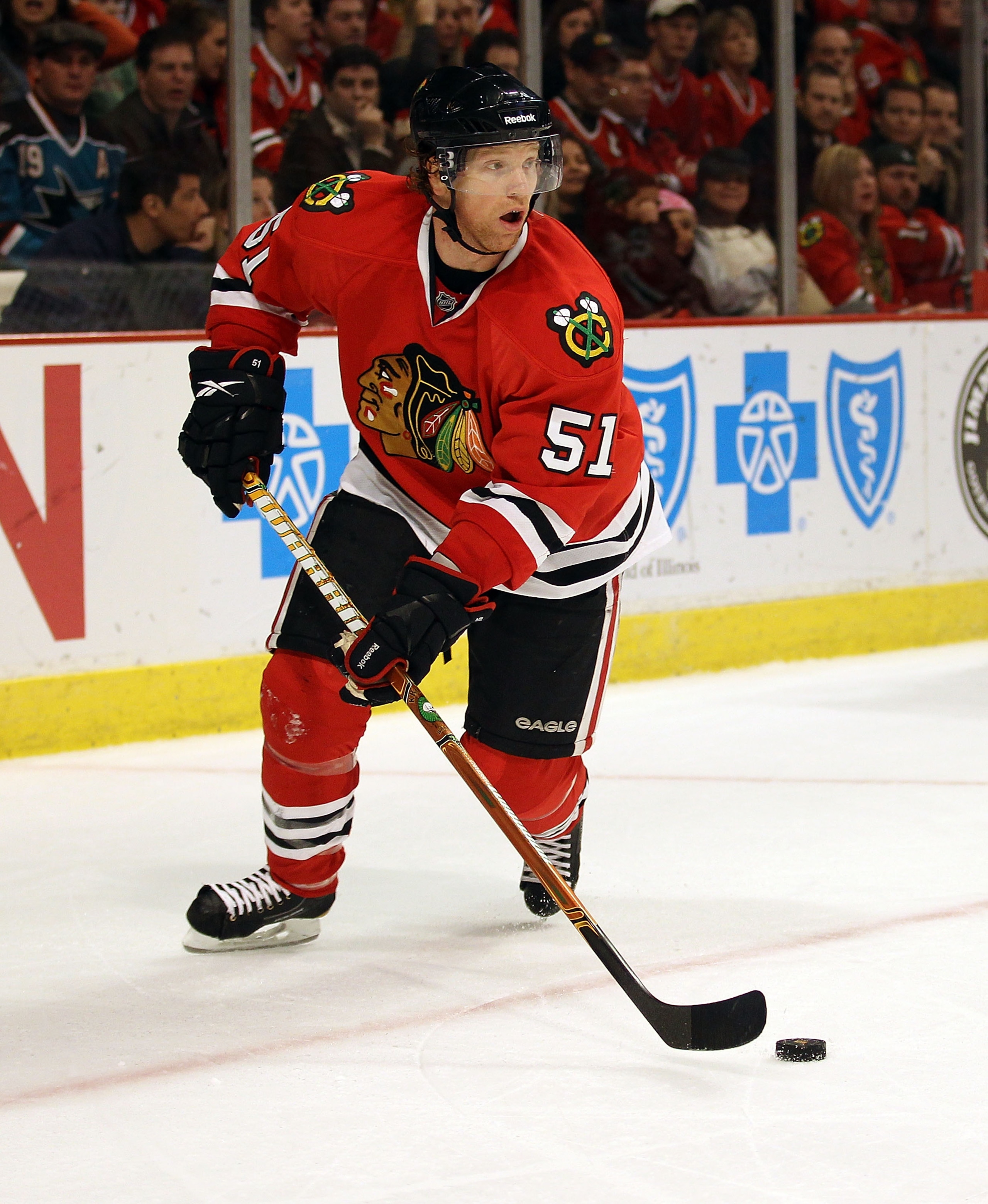 CHICAGO, IL - DECEMBER 30: Brian Campbell #51 of the Chicago Blackhawks looks to pass against the San Jose Sharks at the United Center on December 30, 2010 in Chicago, Illinois. The Sharks defeated the Blackhawks 5-3. (Photo by Jonathan Daniel/Getty Image
