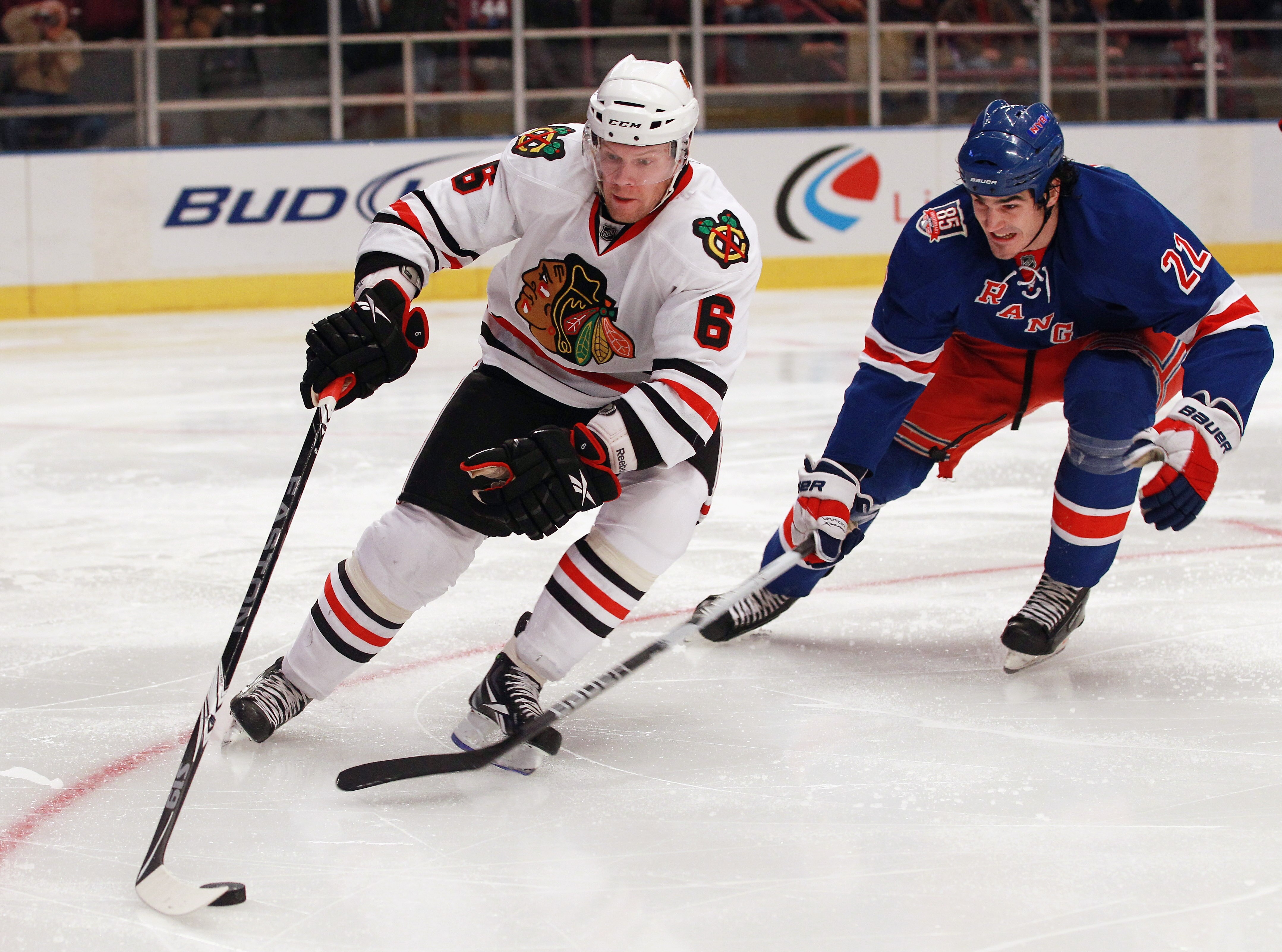 NEW YORK - NOVEMBER 01:  Jordan Hendry #6 of the Chicago Blackhawks skates against the New York Rangers battle for the puck at Madison Square Garden on November 1, 2010 in New York City.  (Photo by Bruce Bennett/Getty Images)