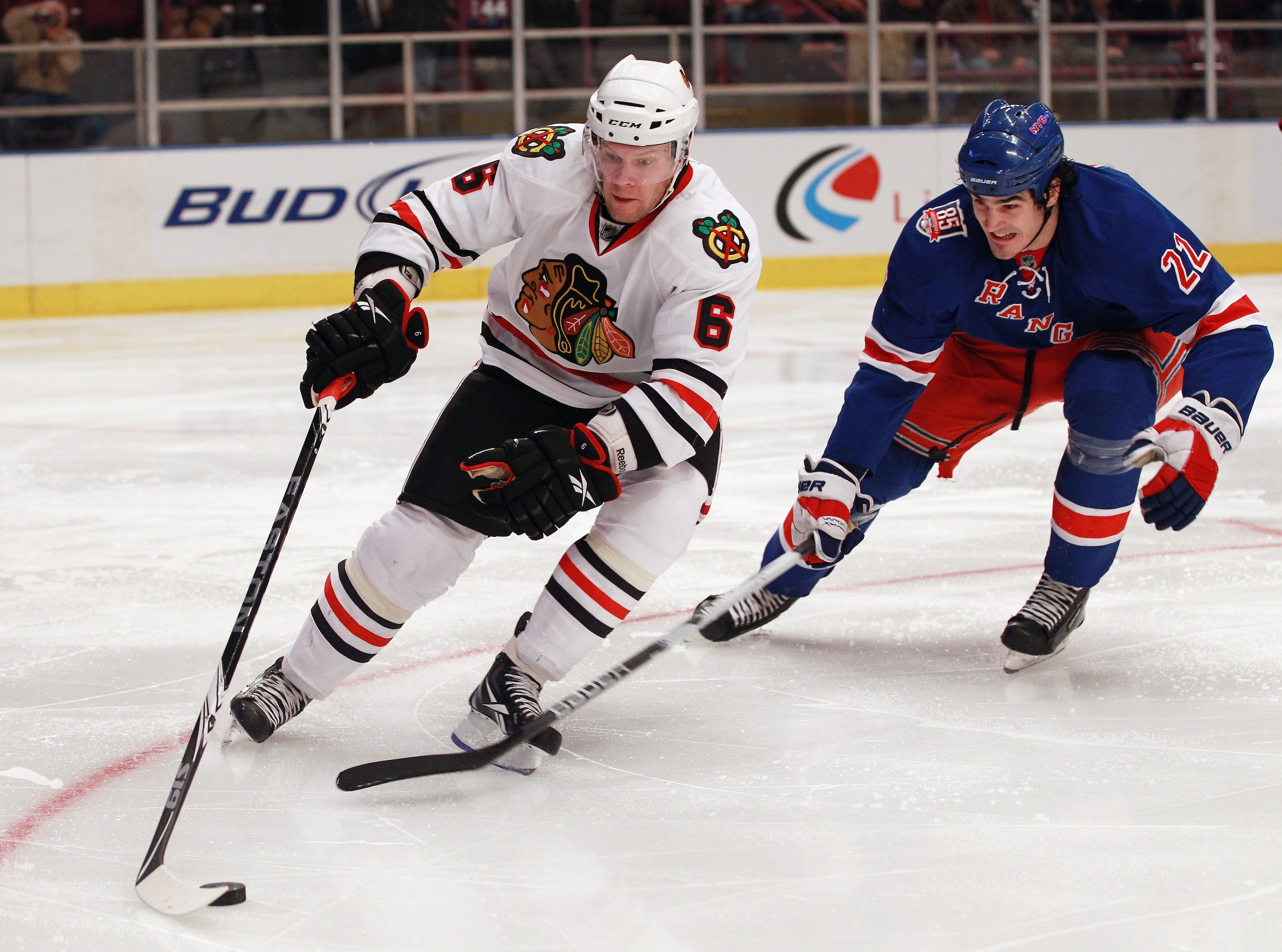 NEW YORK - NOVEMBER 01:  Jordan Hendry #6 of the Chicago Blackhawks skates against the New York Rangers battle for the puck at Madison Square Garden on November 1, 2010 in New York City.  (Photo by Bruce Bennett/Getty Images)