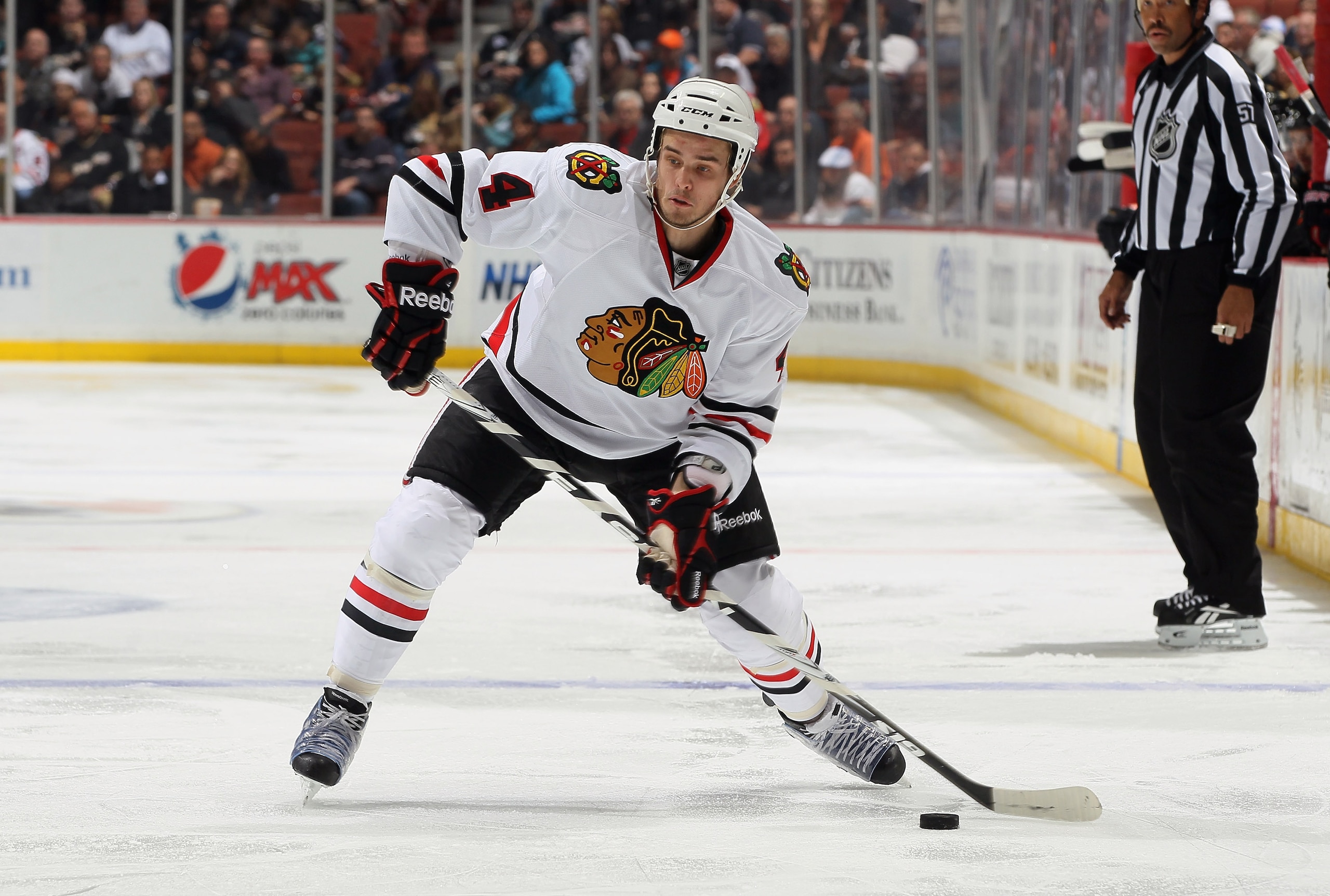 ANAHEIM, CA - NOVEMBER 26:  Niklas Hjalmarsson #4 of the Chicago Blackhawks skates against the Anaheim Ducks at the Honda Center on November 26, 2010 in Anaheim, California.  (Photo by Jeff Gross/Getty Images)