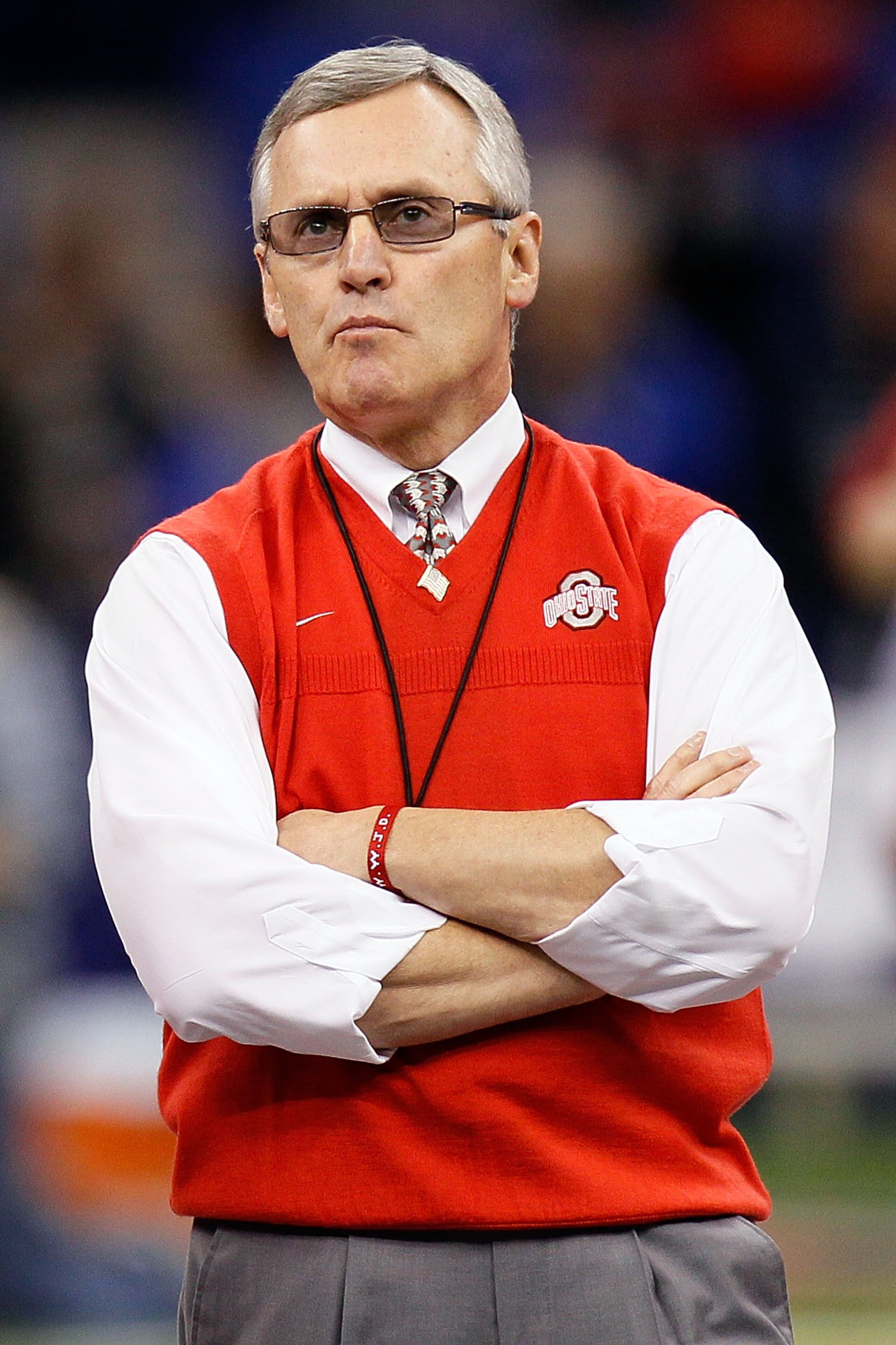 NEW ORLEANS, LA - JANUARY 04: Head coach Jim Tressel of the Ohio State Buckeyes looks on before the Allstate Sugar Bowl against the Arkansas Razorbacks at the Louisiana Superdome on January 4, 2011 in New Orleans, Louisiana. (Photo by Kevin C. Cox/Getty NEW ORLEANS, LA - JANUARY 04: Head coach Jim Tressel of the Ohio State Buckeyes looks on before the Allstate Sugar Bowl against the Arkansas Razorbacks at the Louisiana Superdome on January 4, 2011 in New Orleans, Louisiana. (Photo by Kevin C. Cox/Getty