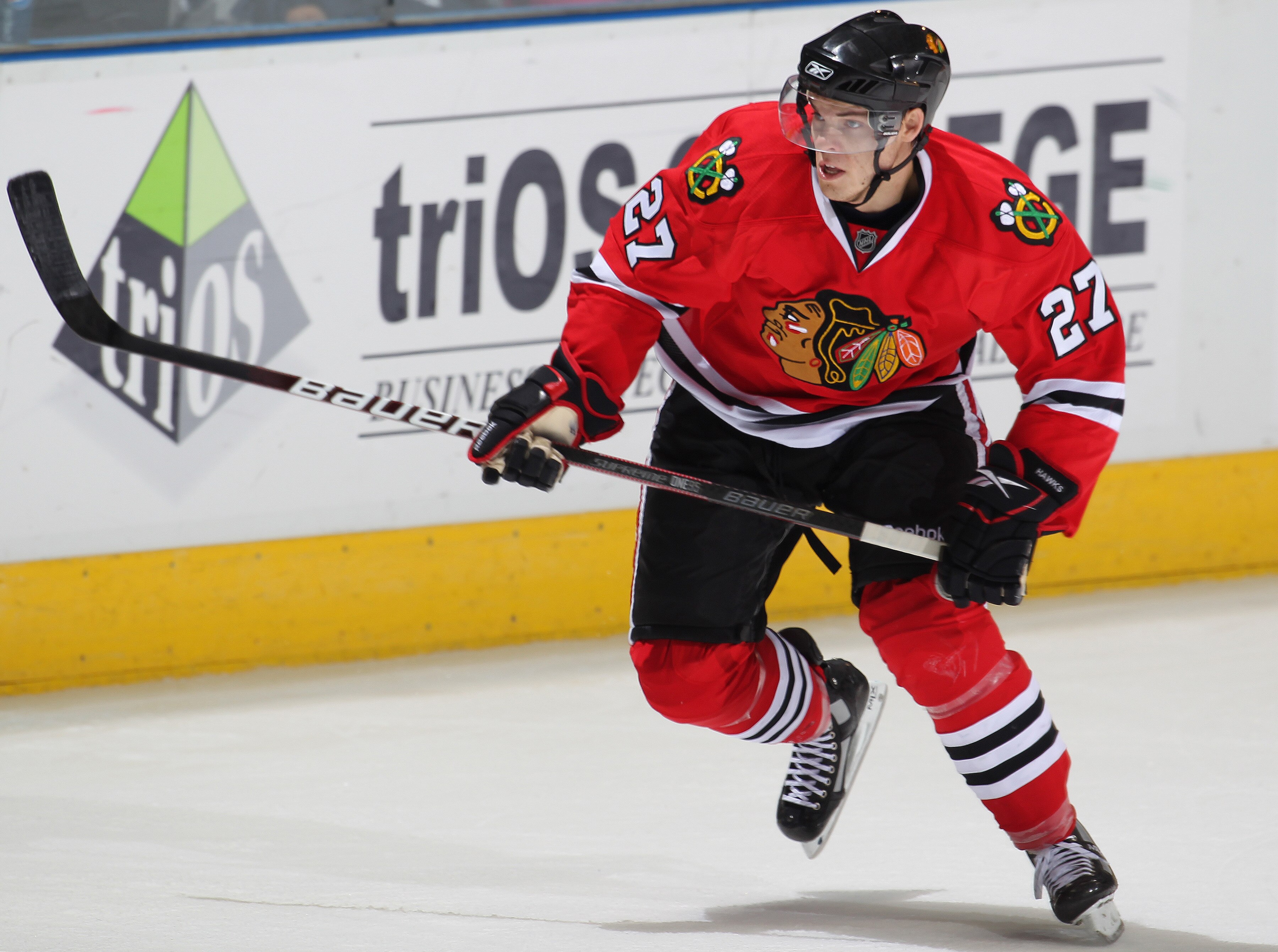 LONDON, CANADA - SEPTEMBER 12:  Jeremy Morin #27 of the Chicago Black Hawks skates in a game against the Ottawa Senators during the NHL Rookie Tournament on September 12,2010 at the John Labatt Centre in London, Ontario. The Senators defeated the Hawks 7-