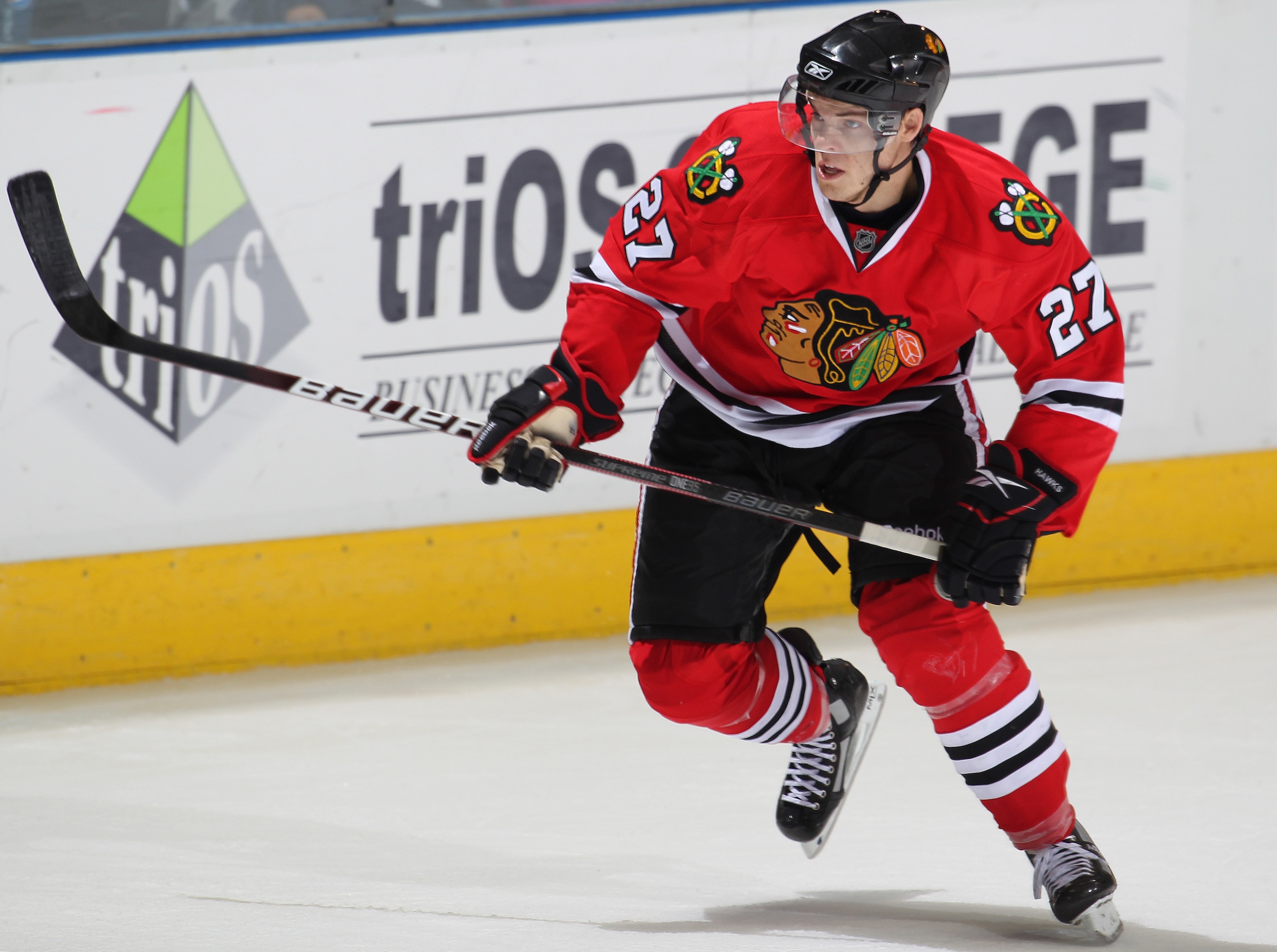LONDON, CANADA - SEPTEMBER 12:  Jeremy Morin #27 of the Chicago Black Hawks skates in a game against the Ottawa Senators during the NHL Rookie Tournament on September 12,2010 at the John Labatt Centre in London, Ontario. The Senators defeated the Hawks 7-
