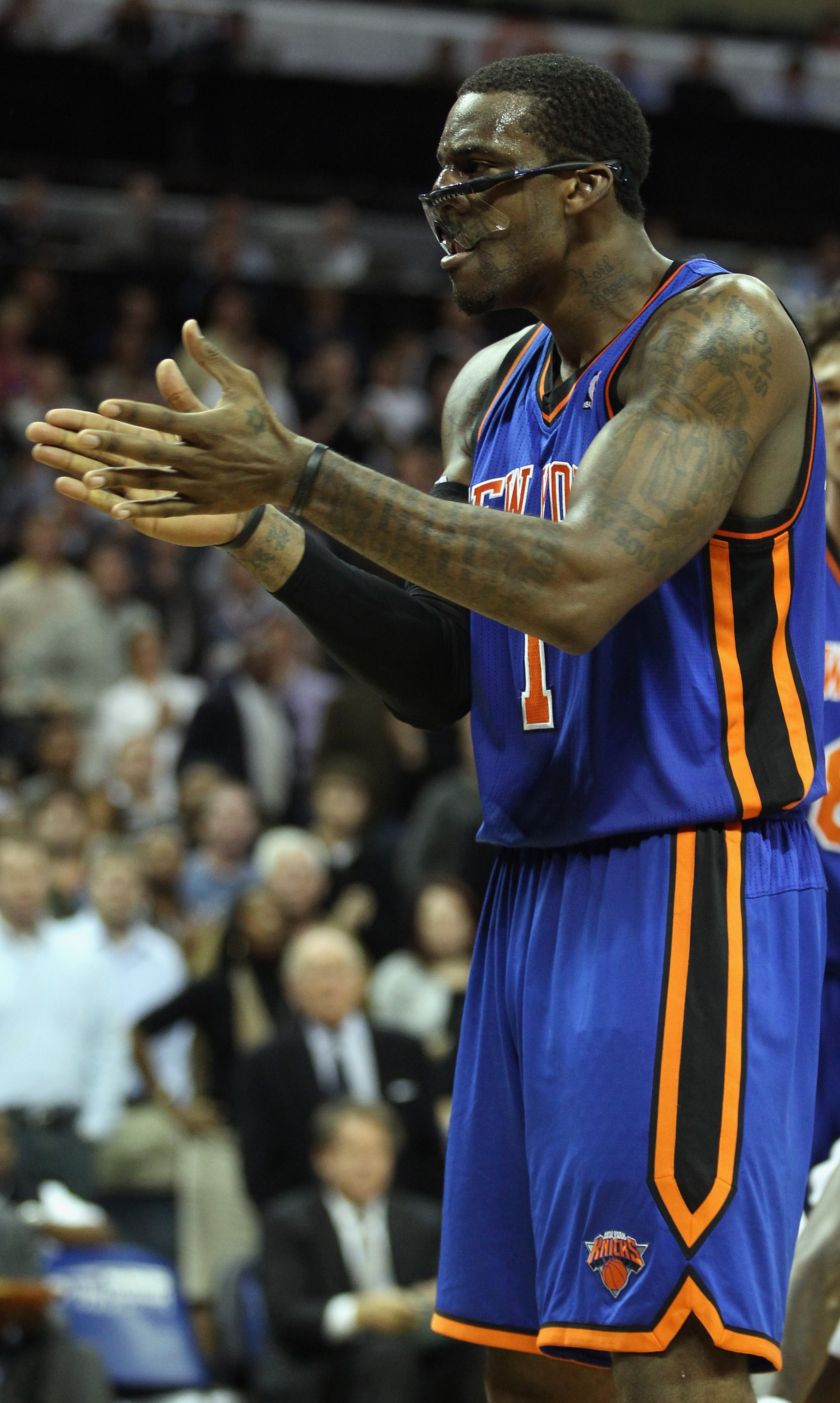 CHARLOTTE, NC - NOVEMBER 24:  Amare Stoudemire #1 of the New York Knicks reacts to getting fouled during his game against the Charlotte Bobcats at Time Warner Cable Arena on November 24, 2010 in Charlotte, North Carolina.  NOTE TO USER: User expressly ack