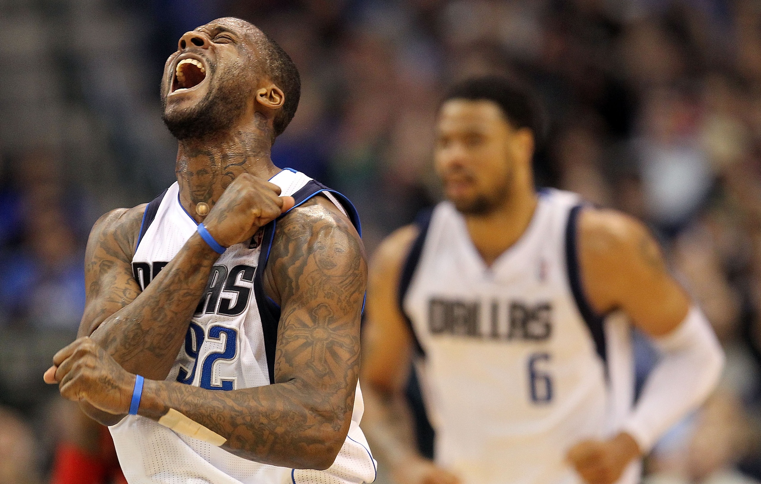 DALLAS, TX - JANUARY 04:  Guard DeShawn Stevenson #92 of the Dallas Mavericks reacts  after making a three point shot against the Portland Trail Blazers at American Airlines Center on January 4, 2011 in Dallas, Texas.  NOTE TO USER: User expressly acknowl