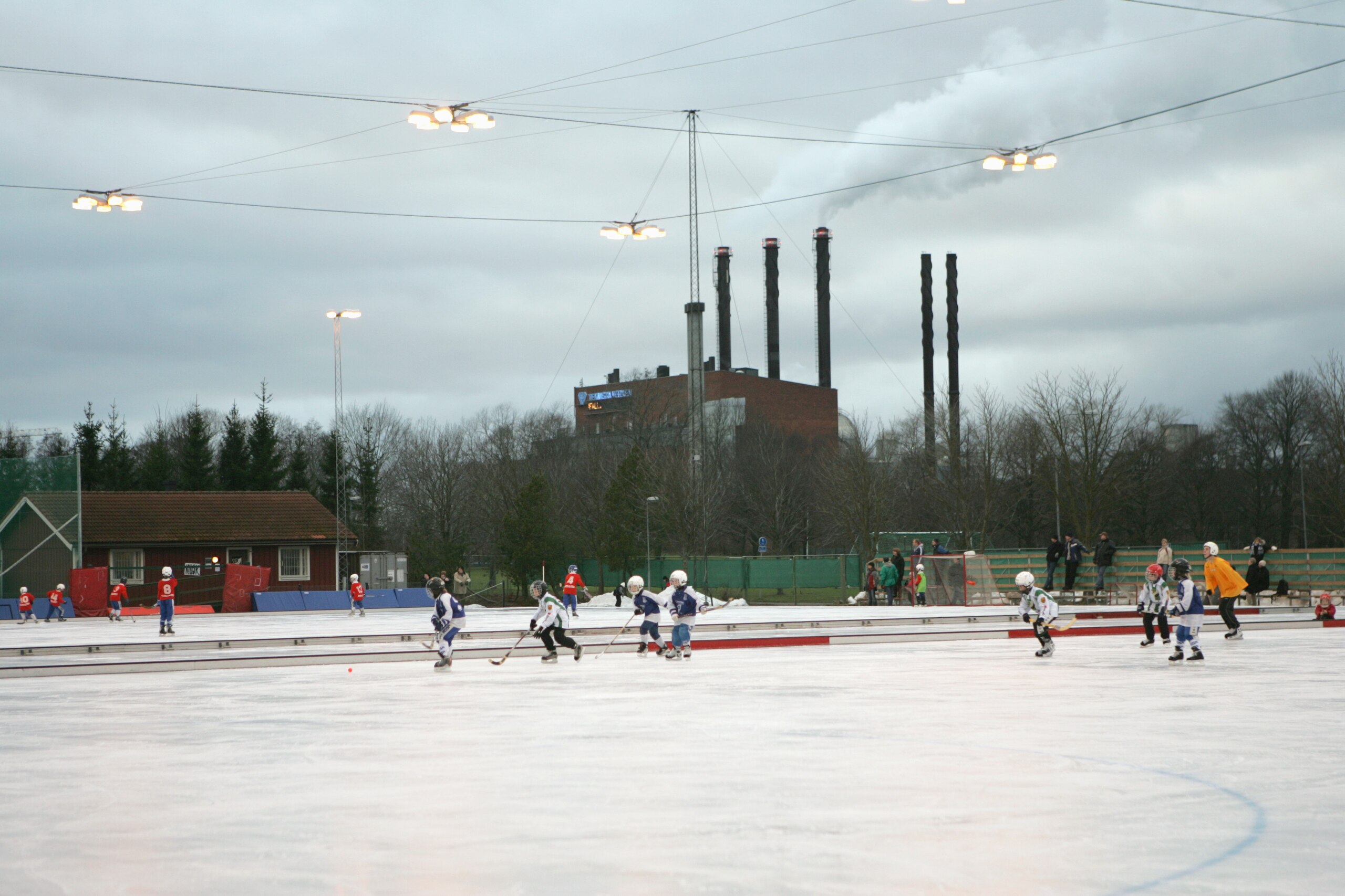LINKOPING - DECEMBER 18: Kids are shown playing hockey on an outdoor rink on December 18 in Linkoping, Sweden. (Photo by Bruce Bennett/Getty Images)