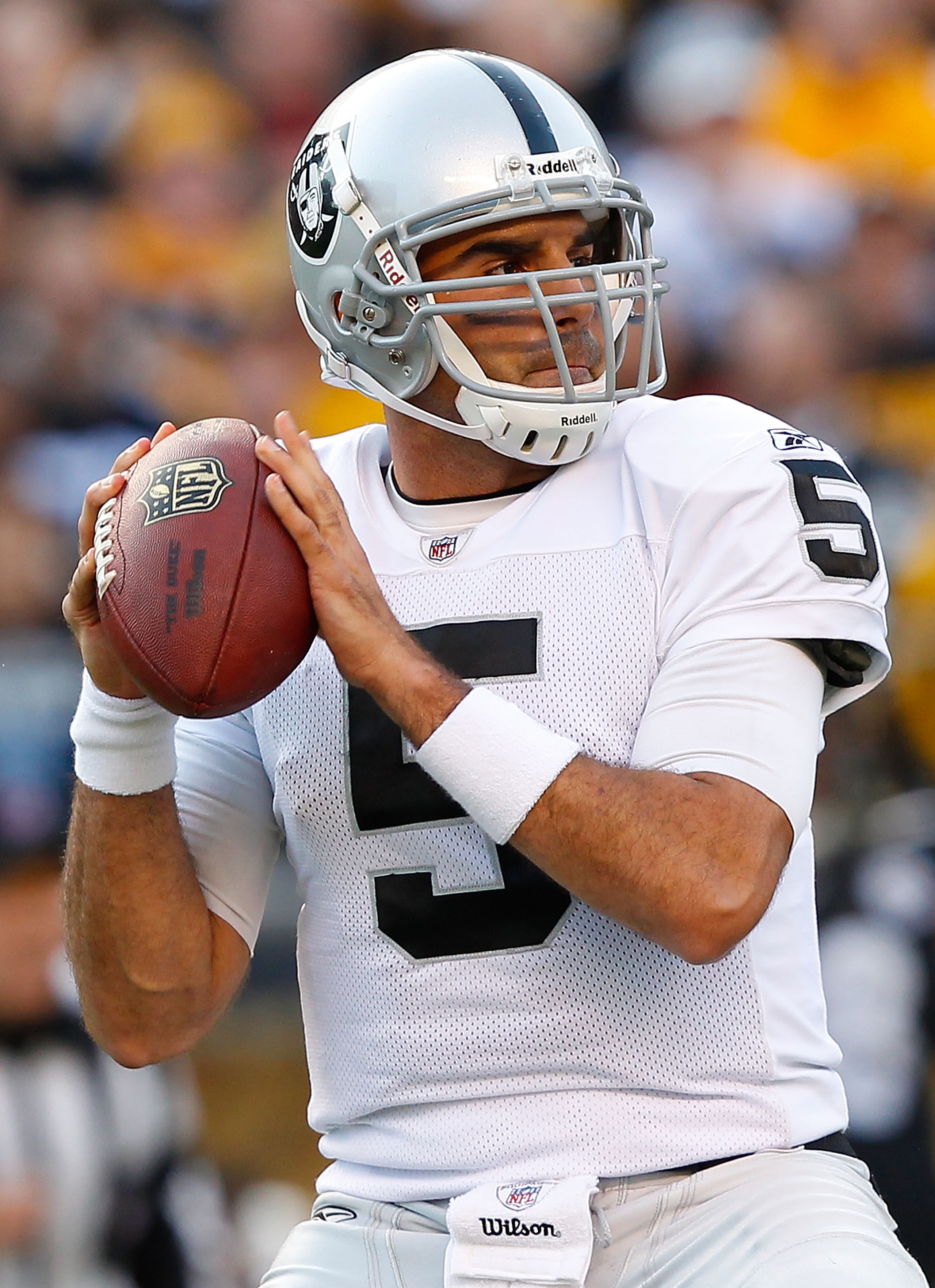 PITTSBURGH - NOVEMBER 21:  Bruce Gradkowski #5 of the Oakland Raiders drops back to pass during the game against the Pittsburgh Steelers on November 21, 2010 at Heinz Field in Pittsburgh, Pennsylvania.  (Photo by Jared Wickerham/Getty Images)