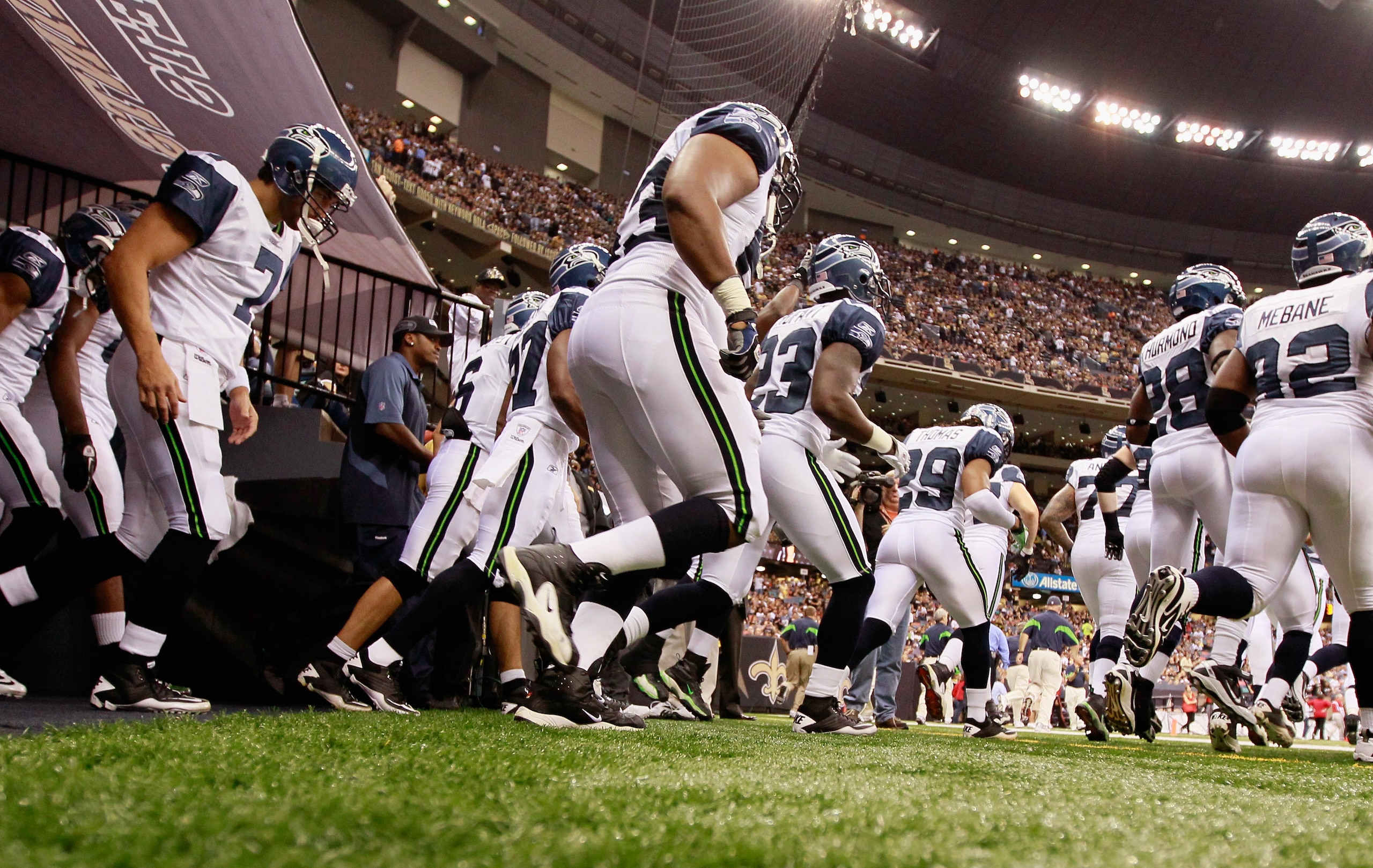 NEW ORLEANS - NOVEMBER 21:  The Seattle Seahawks enter the field to face the New Orleans Saints at Louisiana Superdome on November 21, 2010 in New Orleans, Louisiana.  (Photo by Kevin C. Cox/Getty Images)