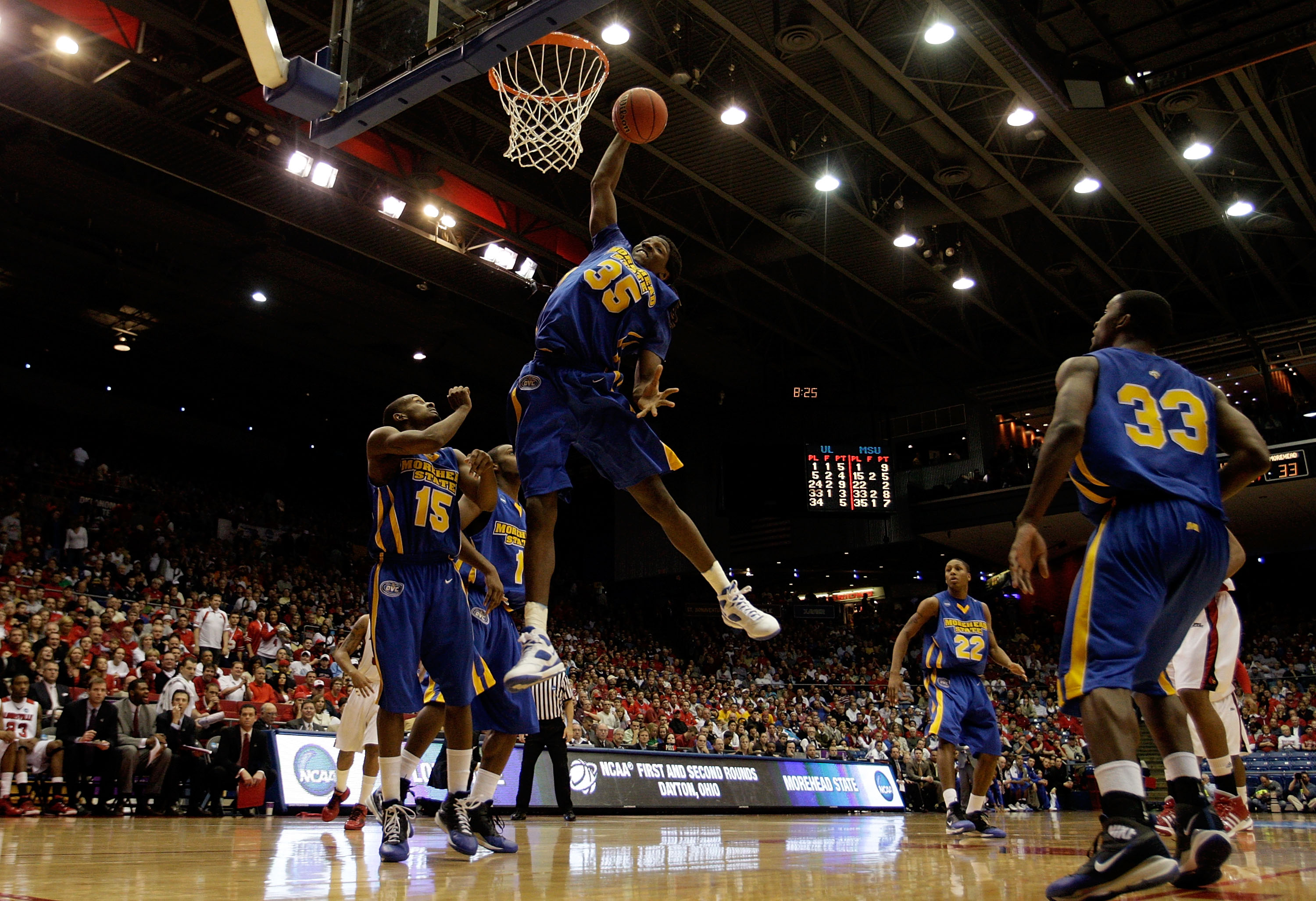 DAYTON, OH - MARCH 20: Kenneth Faried #35 of the Morehead State Eagles gets a rebound against the Louisville Cardinals during the first round of the NCAA Division I Men's Basketball Tournament at the University of Dayton Arena on March 20, 2009 in Dayton,