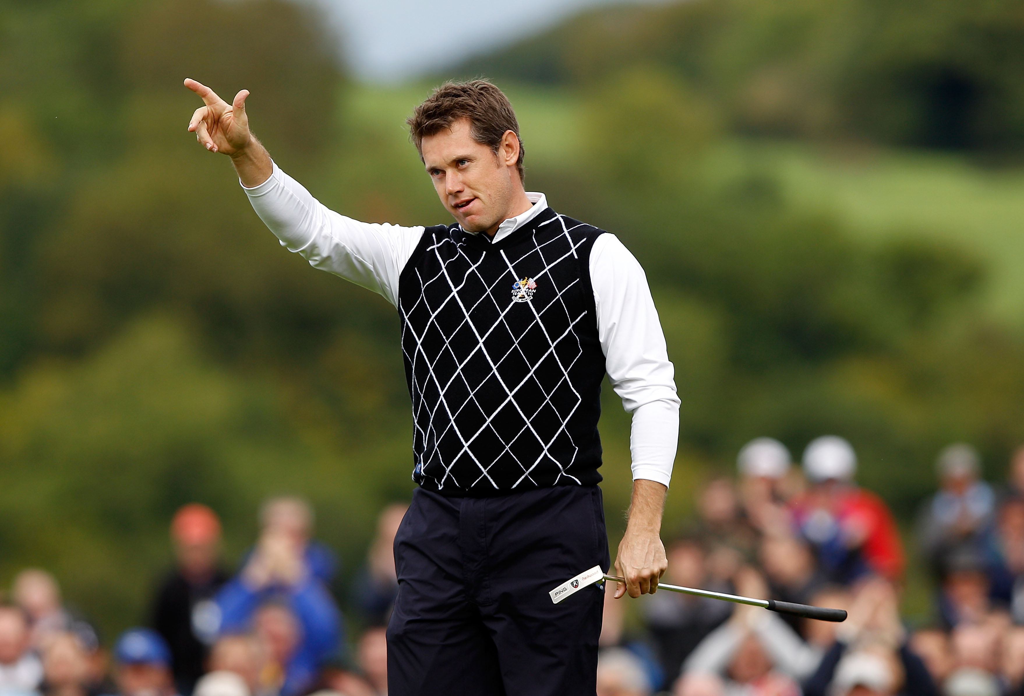 NEWPORT, WALES - OCTOBER 03:  Lee Westwood of Europe celebrates holing a putt on the 10th green during the  Fourball & Foursome Matches during the 2010 Ryder Cup at the Celtic Manor Resort on October 3, 2010 in Newport, Wales.  (Photo by Sam Greenwood/Get
