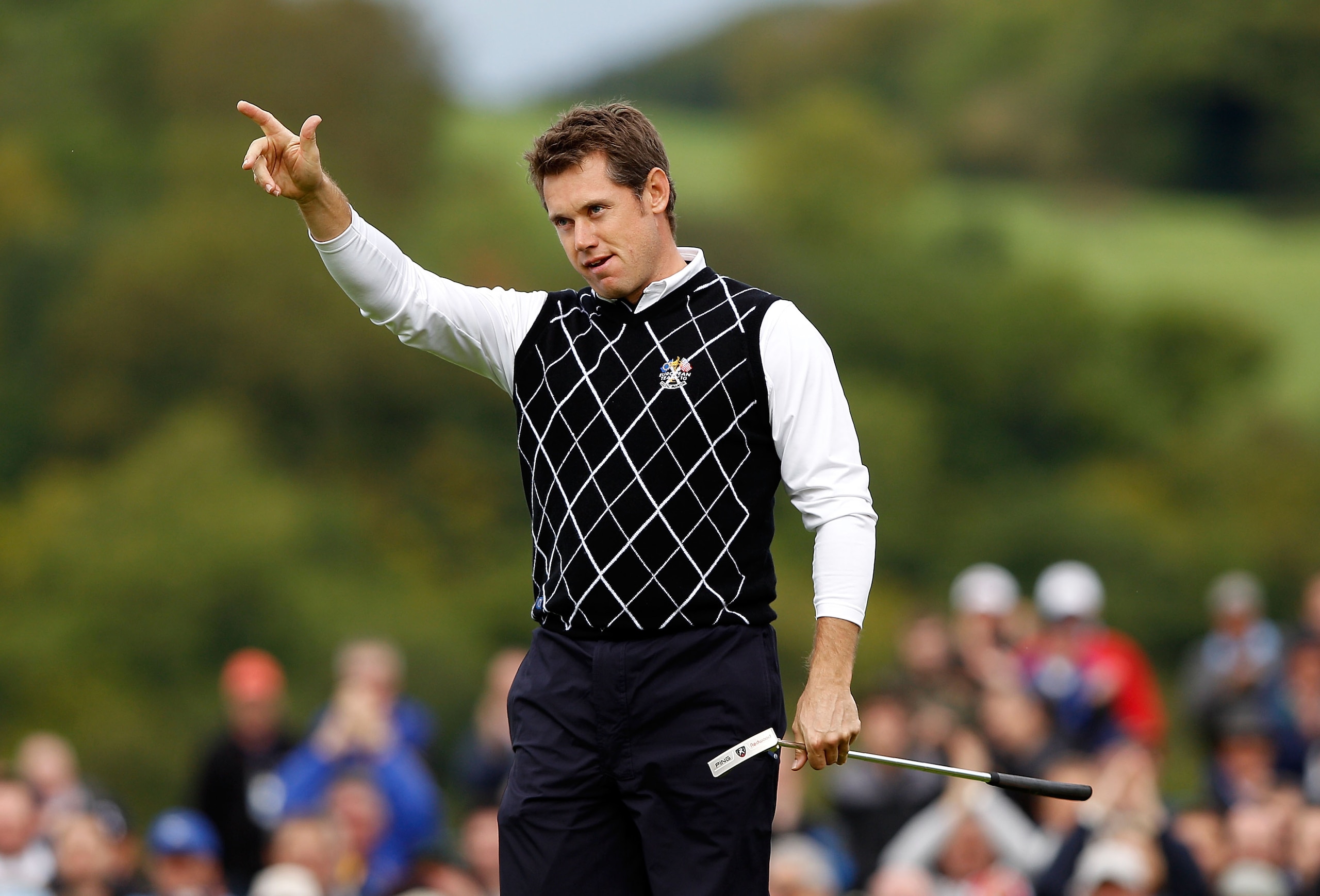 NEWPORT, WALES - OCTOBER 03:  Lee Westwood of Europe celebrates holing a putt on the 10th green during the  Fourball & Foursome Matches during the 2010 Ryder Cup at the Celtic Manor Resort on October 3, 2010 in Newport, Wales.  (Photo by Sam Greenwood/Get