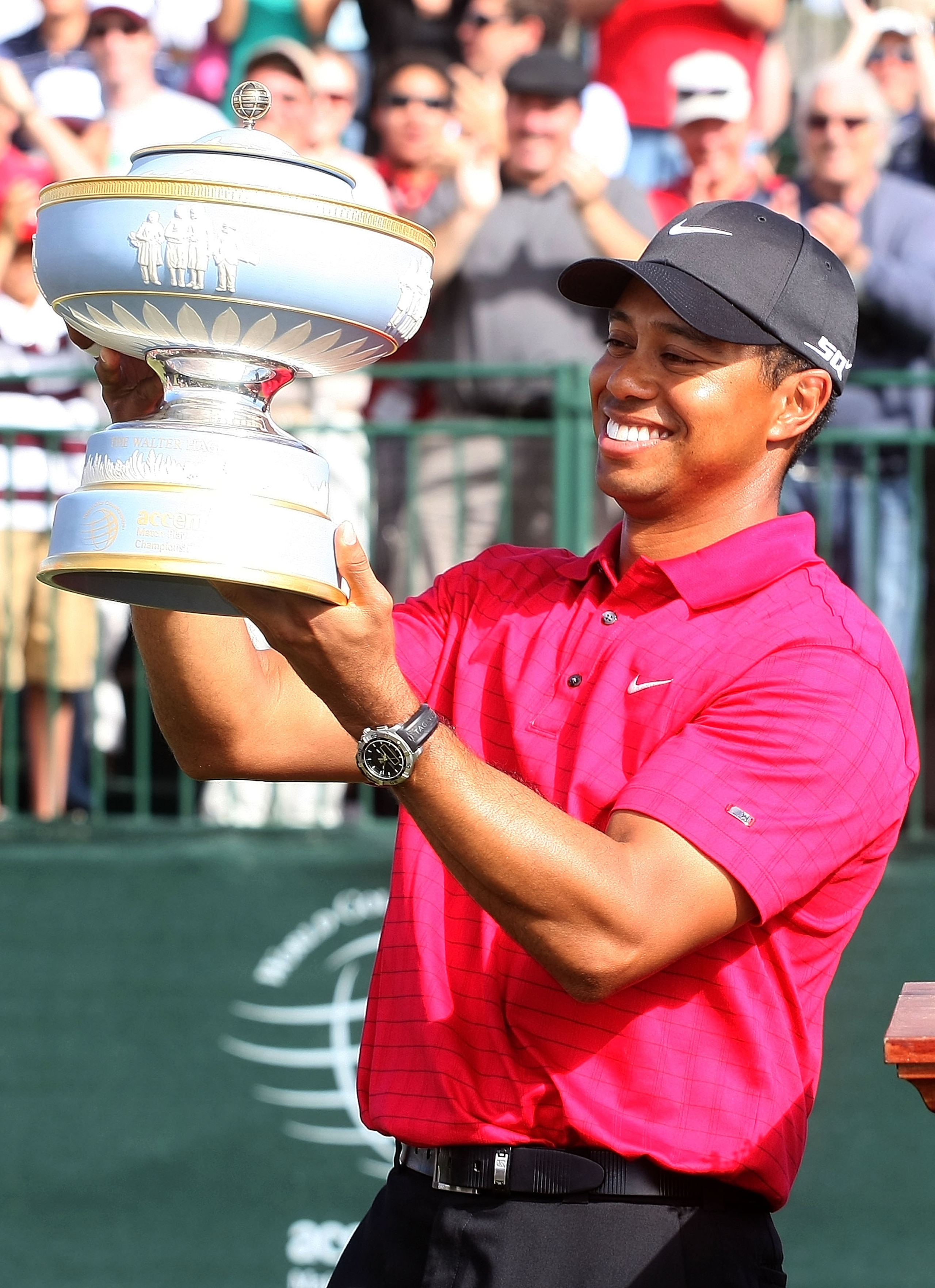 MARANA, AZ - FEBRUARY 24:  Tiger Woods poses with the Walter Hagen Cup after winning the WGC-Accenture Match Play Championship at The Gallery at Dove Mountain on February 24, 2008 in Marana, Arizona.  (Photo by Scott Halleran/Getty Images)